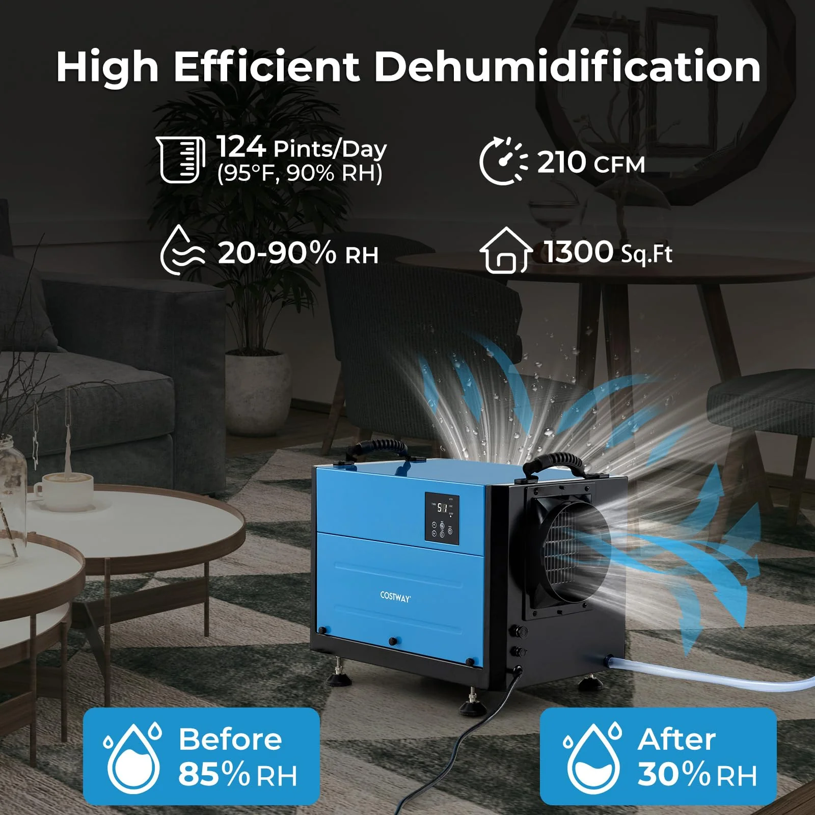 124 PPD Commercial Dehumidifier, 1300 Sq.Ft Crawl Space Dehumidifier with 9.8 FT Drain Hose & Wired Remote Control Panel - Image 3