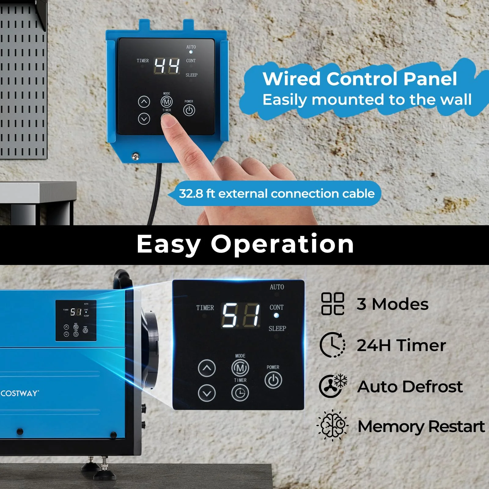 124 PPD Commercial Dehumidifier, 1300 Sq.Ft Crawl Space Dehumidifier with 9.8 FT Drain Hose & Wired Remote Control Panel - Image 4