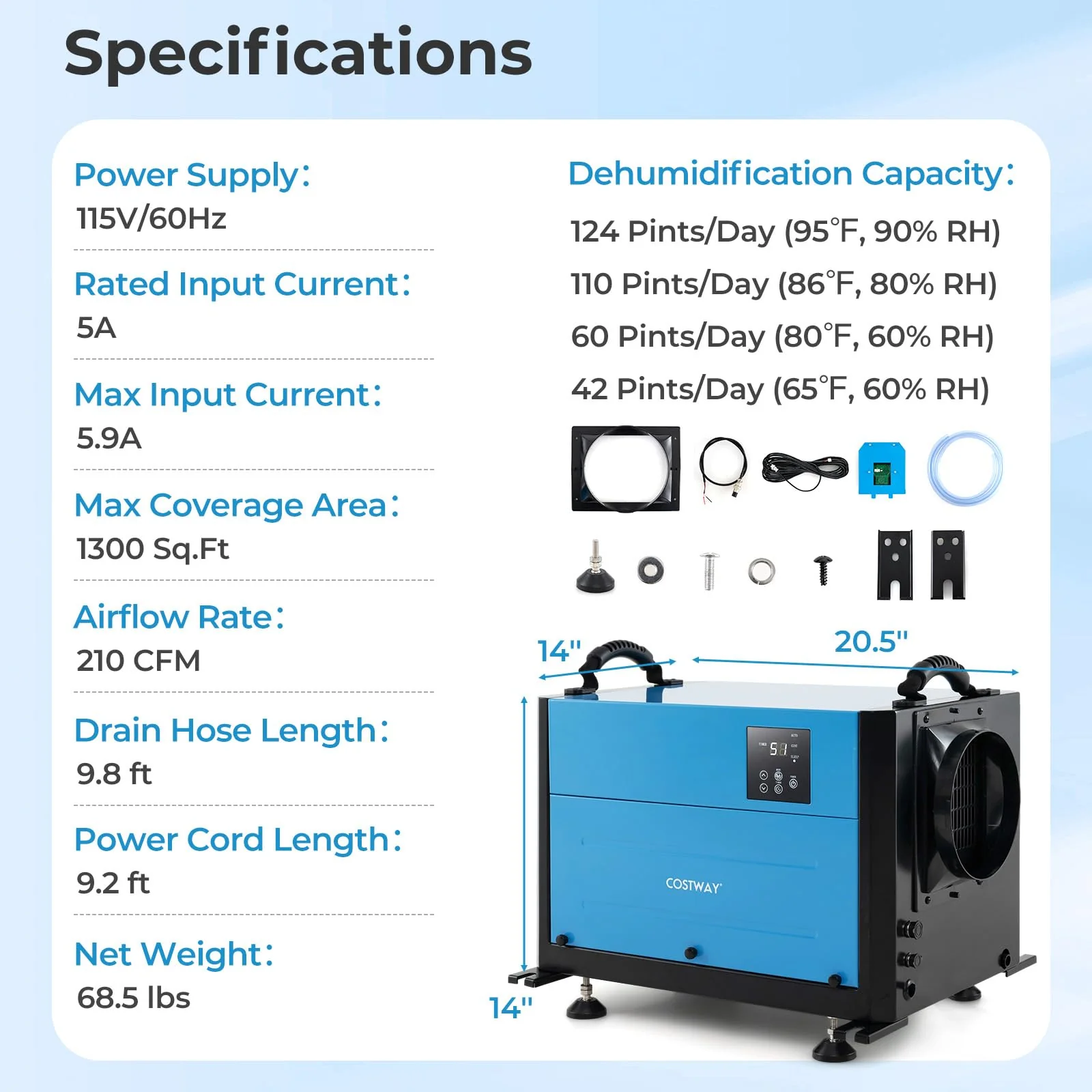 124 PPD Commercial Dehumidifier, 1300 Sq.Ft Crawl Space Dehumidifier with 9.8 FT Drain Hose & Wired Remote Control Panel - Image 9