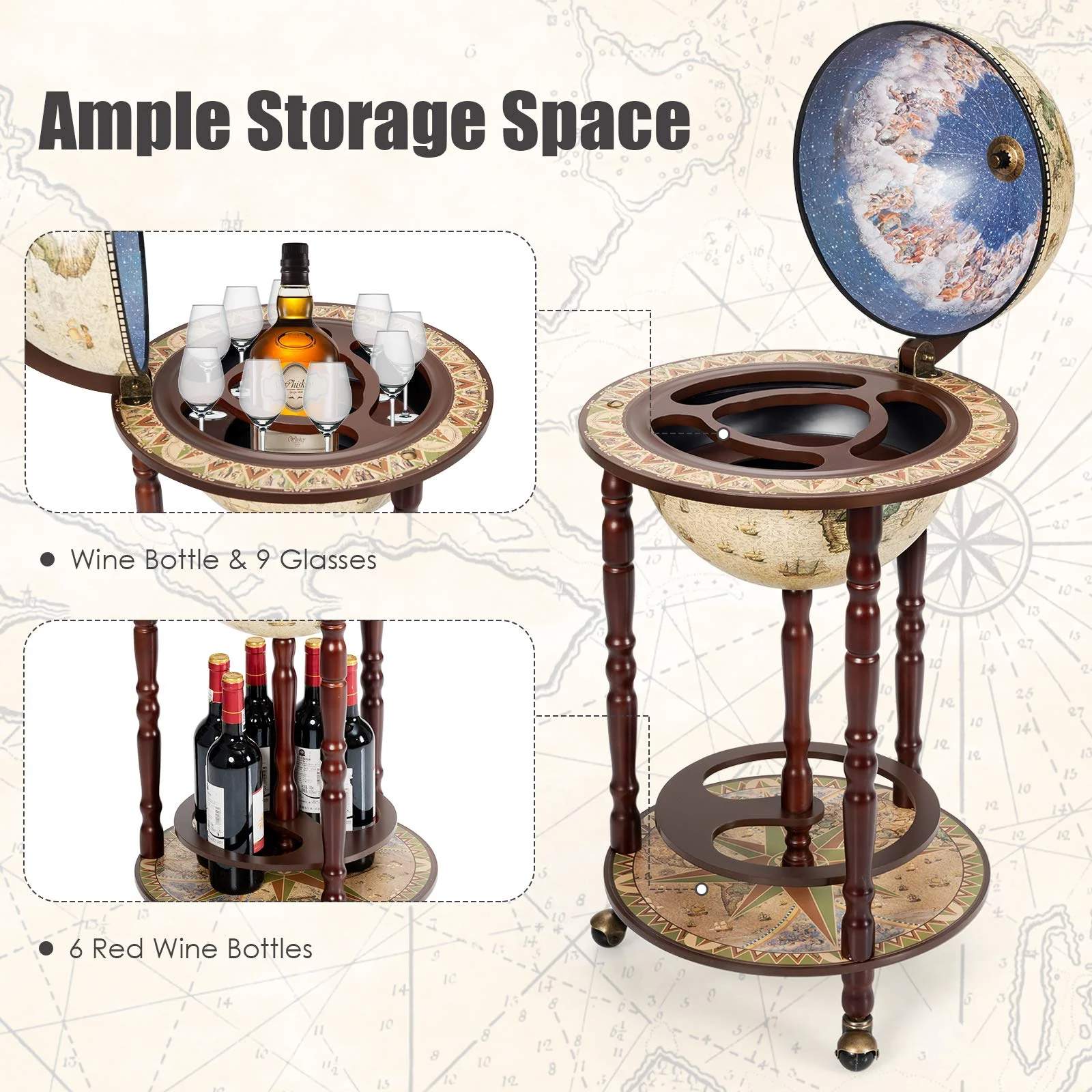 17" Wood Globe Wine Bar Stand 16th Century Italian Rack Liquor Bottle Shelf - Image 3
