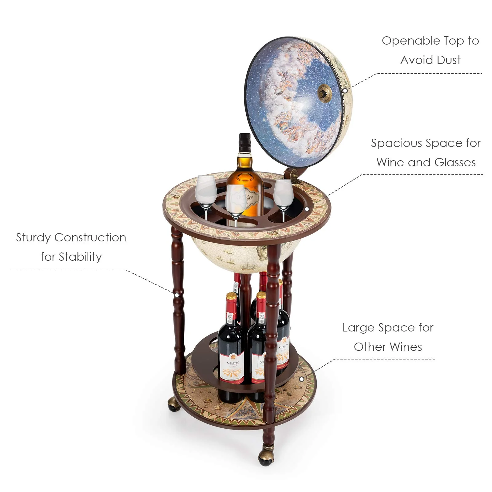 17" Wood Globe Wine Bar Stand 16th Century Italian Rack Liquor Bottle Shelf - Image 5