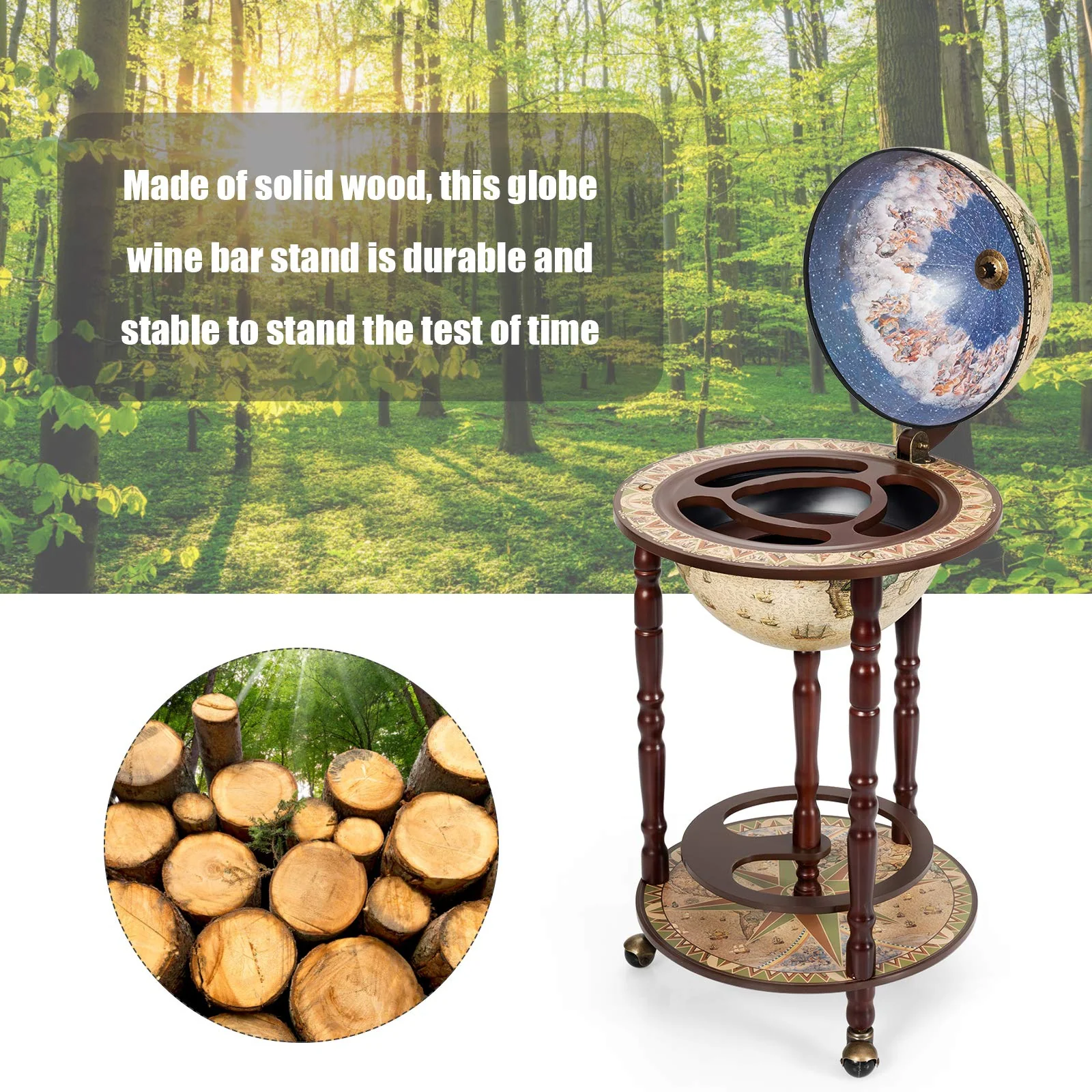 17" Wood Globe Wine Bar Stand 16th Century Italian Rack Liquor Bottle Shelf - Image 7
