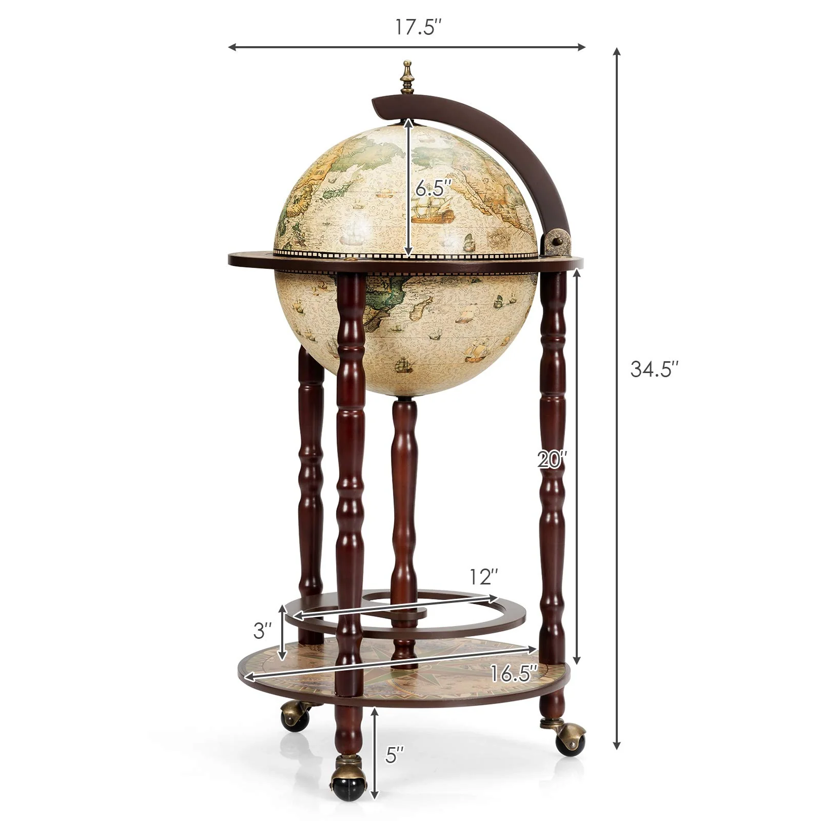 17" Wood Globe Wine Bar Stand 16th Century Italian Rack Liquor Bottle Shelf - Image 9