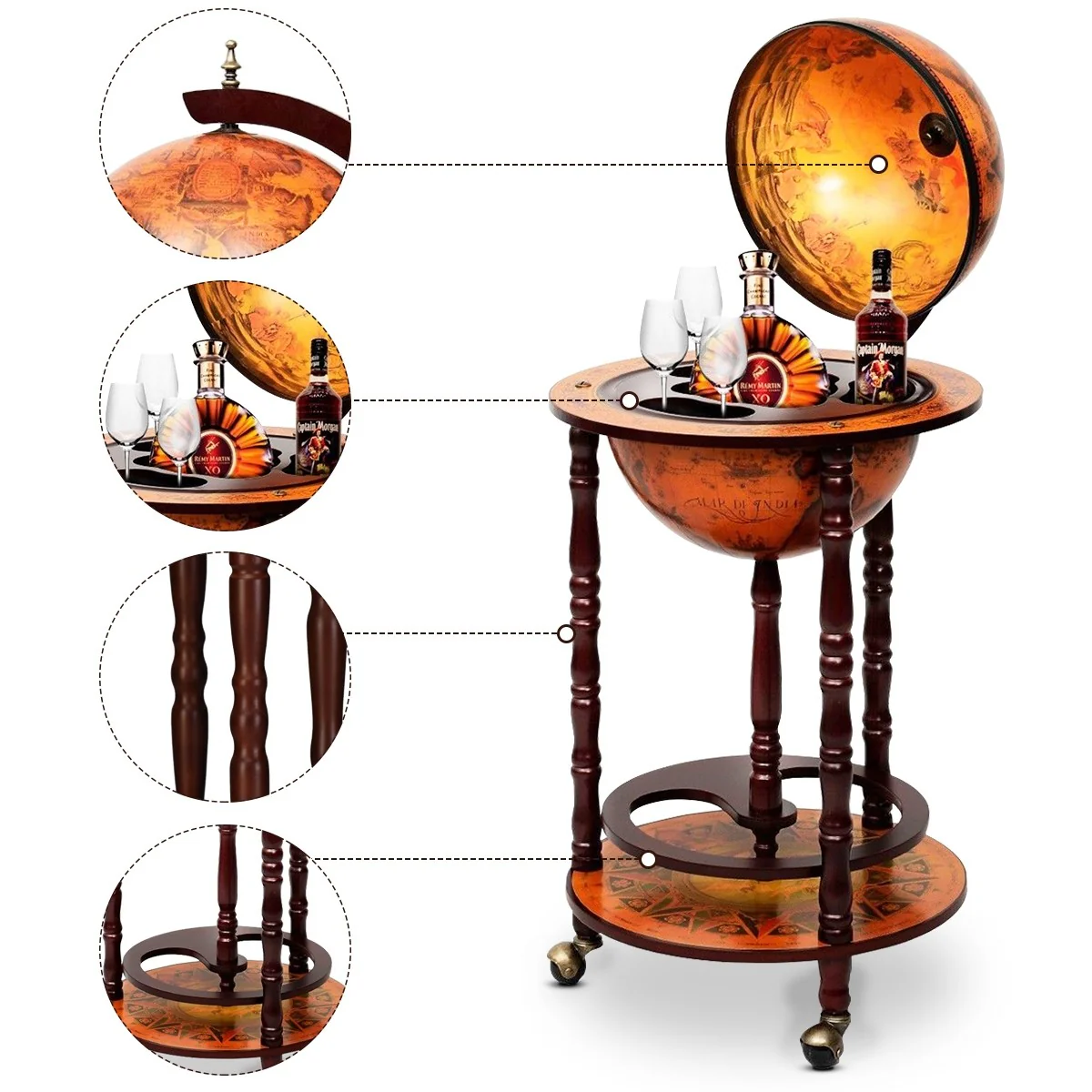 17" Wood Globe Wine Bar Stand 16th Century Italian Rack Liquor Bottle Shelf with Wheels - Image 13