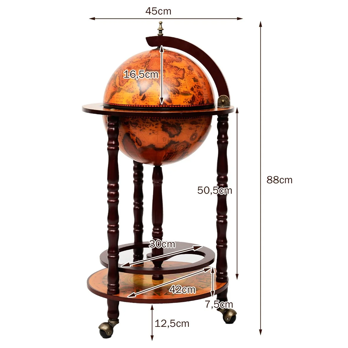 17" Wood Globe Wine Bar Stand 16th Century Italian Rack Liquor Bottle Shelf with Wheels - Image 15
