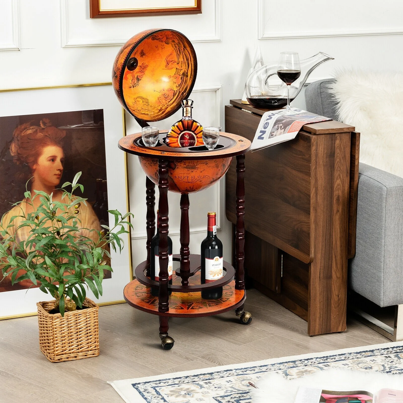 17" Wood Globe Wine Bar Stand 16th Century Italian Rack Liquor Bottle Shelf with Wheels - Image 3
