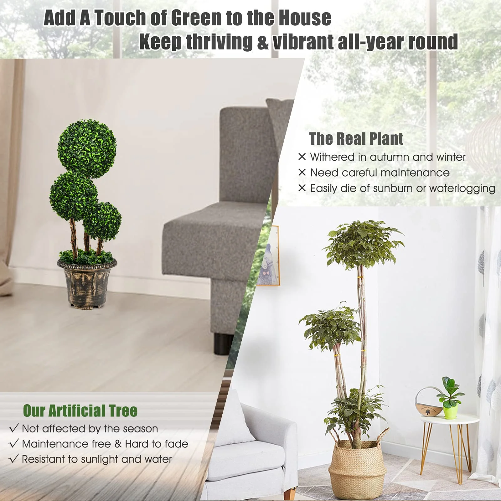 2.5 Ft/3 Ft  Artificial Boxwood Topiary Tree, Fake Greenery Plants Triple Ball Tree - Image 3