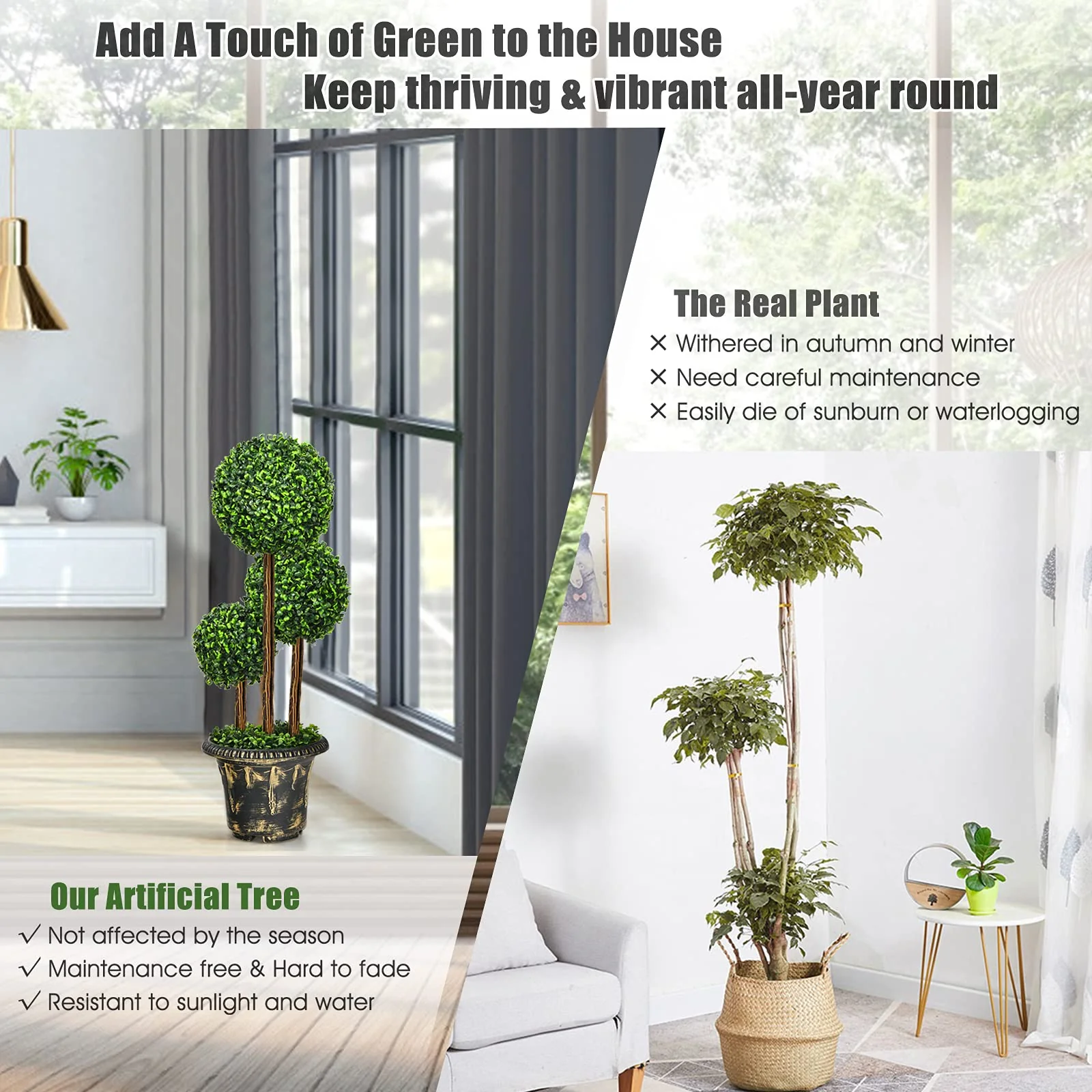 2.5 Ft/3 Ft  Artificial Boxwood Topiary Tree, Fake Greenery Plants Triple Ball Tree - Image 5