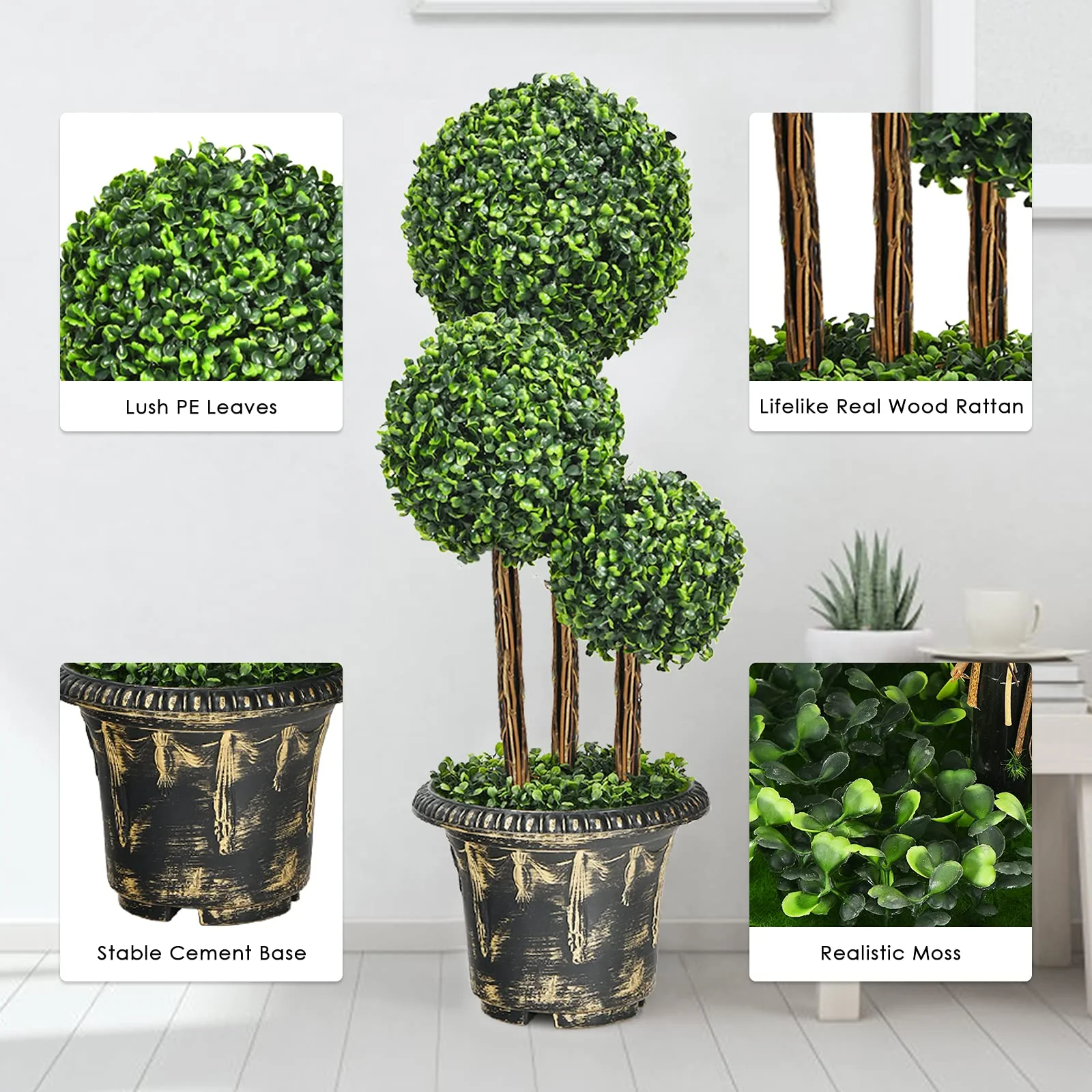 2.5 Ft/3 Ft  Artificial Boxwood Topiary Tree, Fake Greenery Plants Triple Ball Tree - Image 7