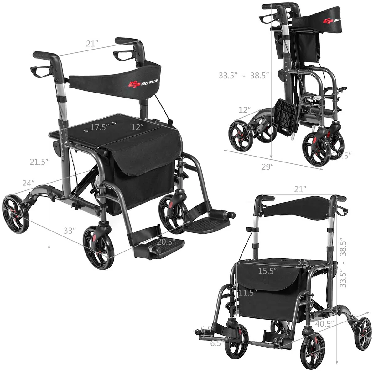 2 in 1 Folding Rollator Walker, 4 Wheel Medical Rolling Walker - Image 10