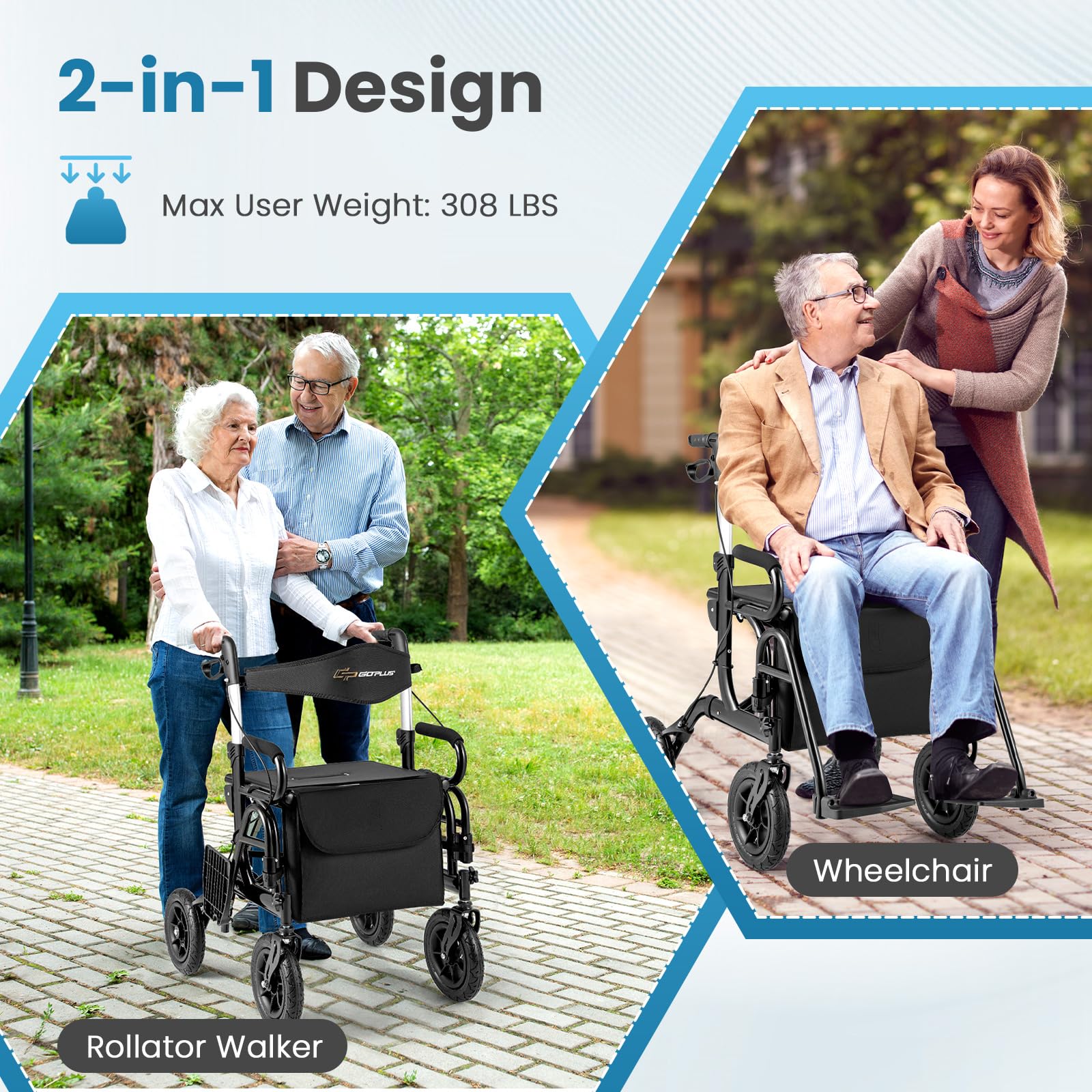 2 in 1 Folding Rolling Rollator Walker & Wheelchair Combo with Brakes - Image 2