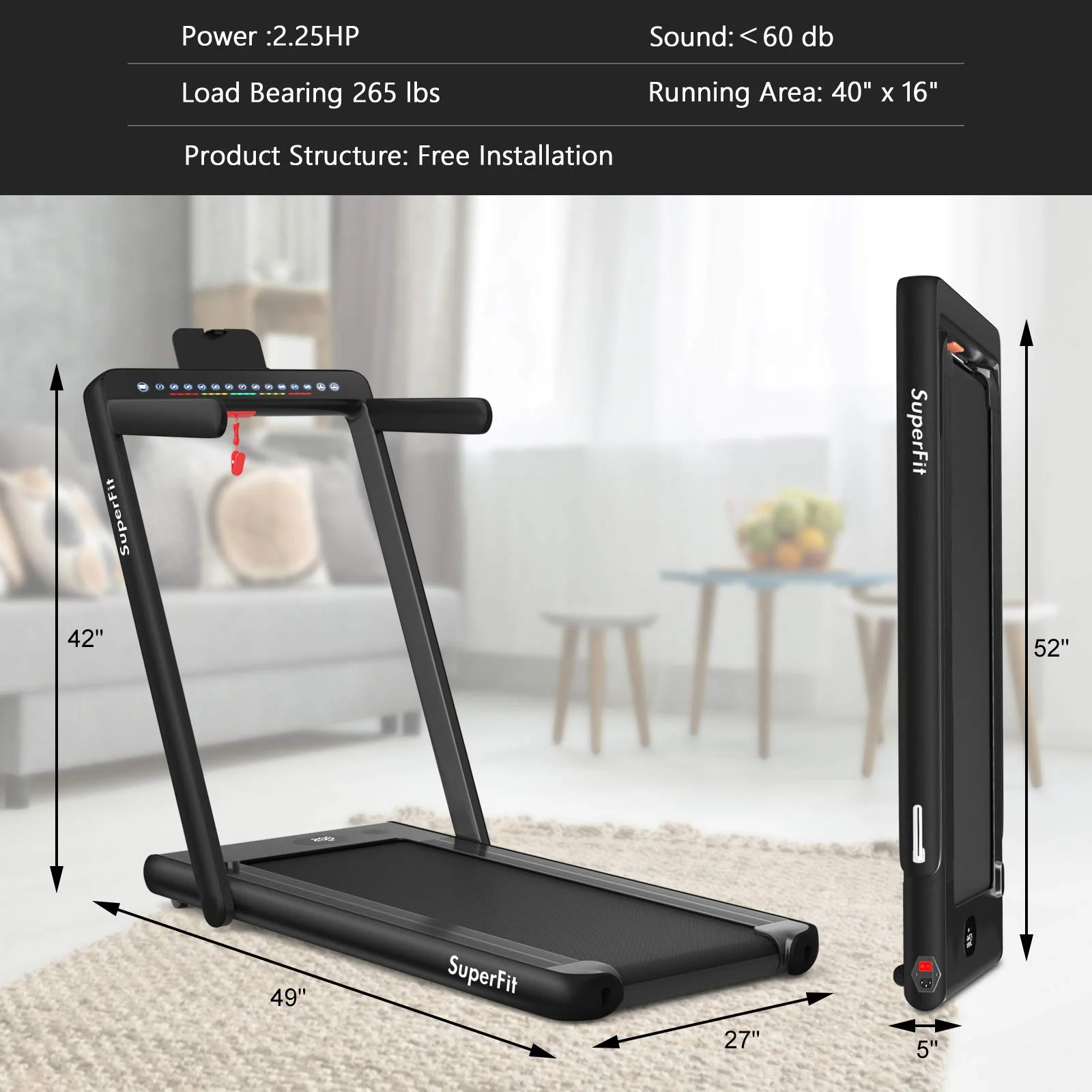 2 in 1 Folding Treadmill with Dual Display, 2.25HP Superfit Under Desk Electric Pad - Image 9