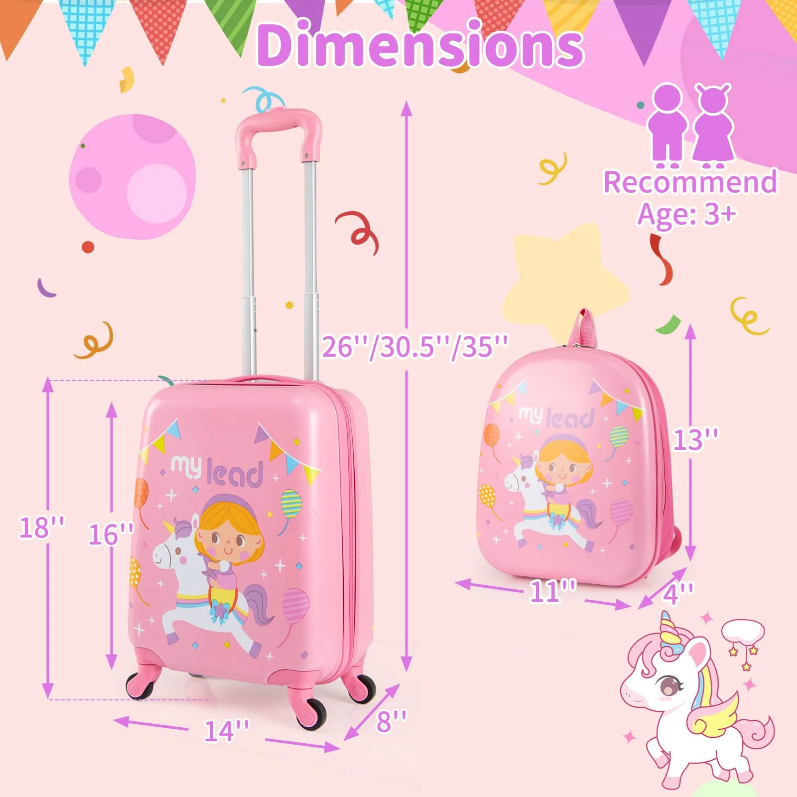 2 PCS Kid Luggage Set With Spinner Wheels for Children Boys Girls-Pink - Image 6