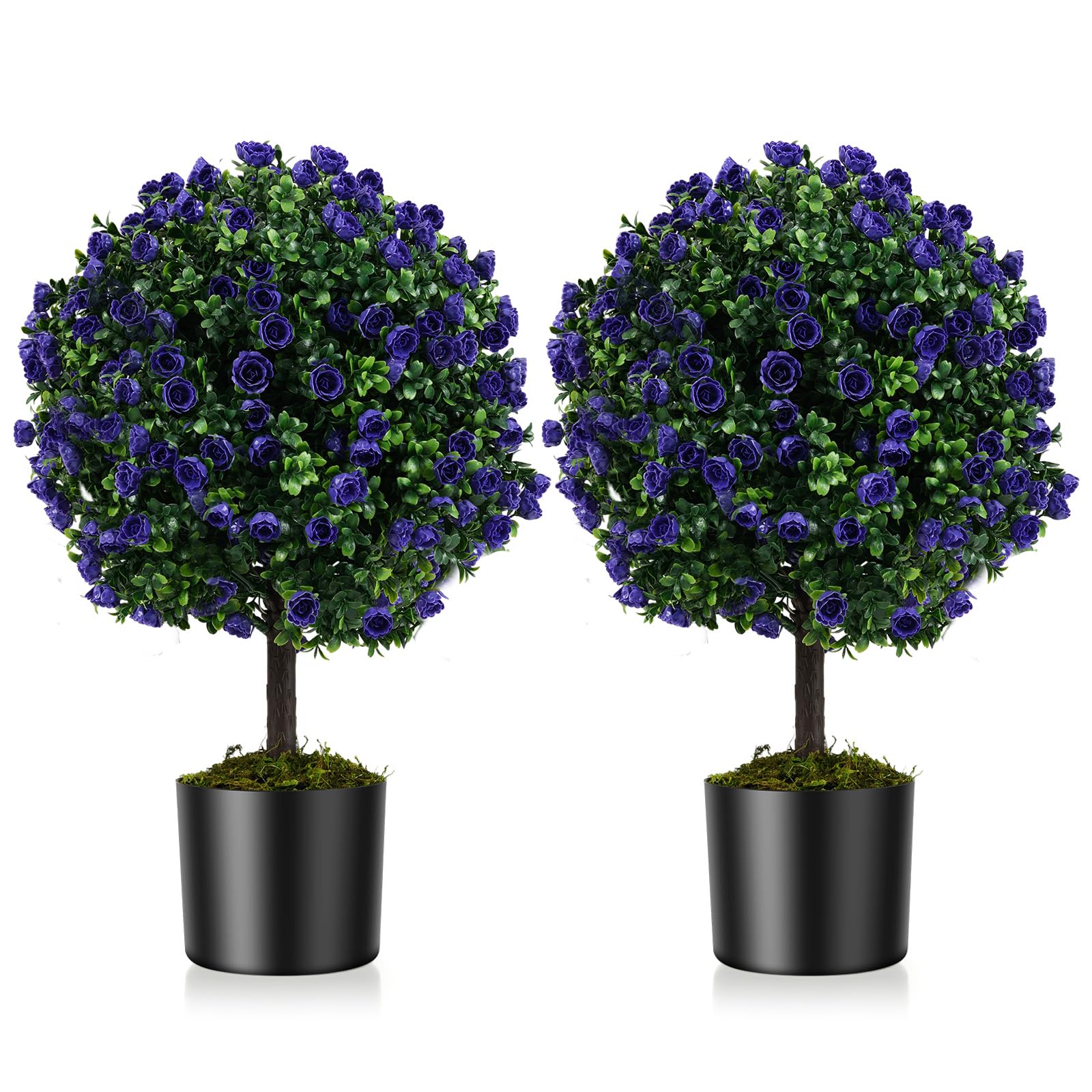 Goplus 22'' Artificial Purple Rose Topiary Ball Tree Set of 2 Faux Potted Plants Artificial Shrubs Bushes with Flowers