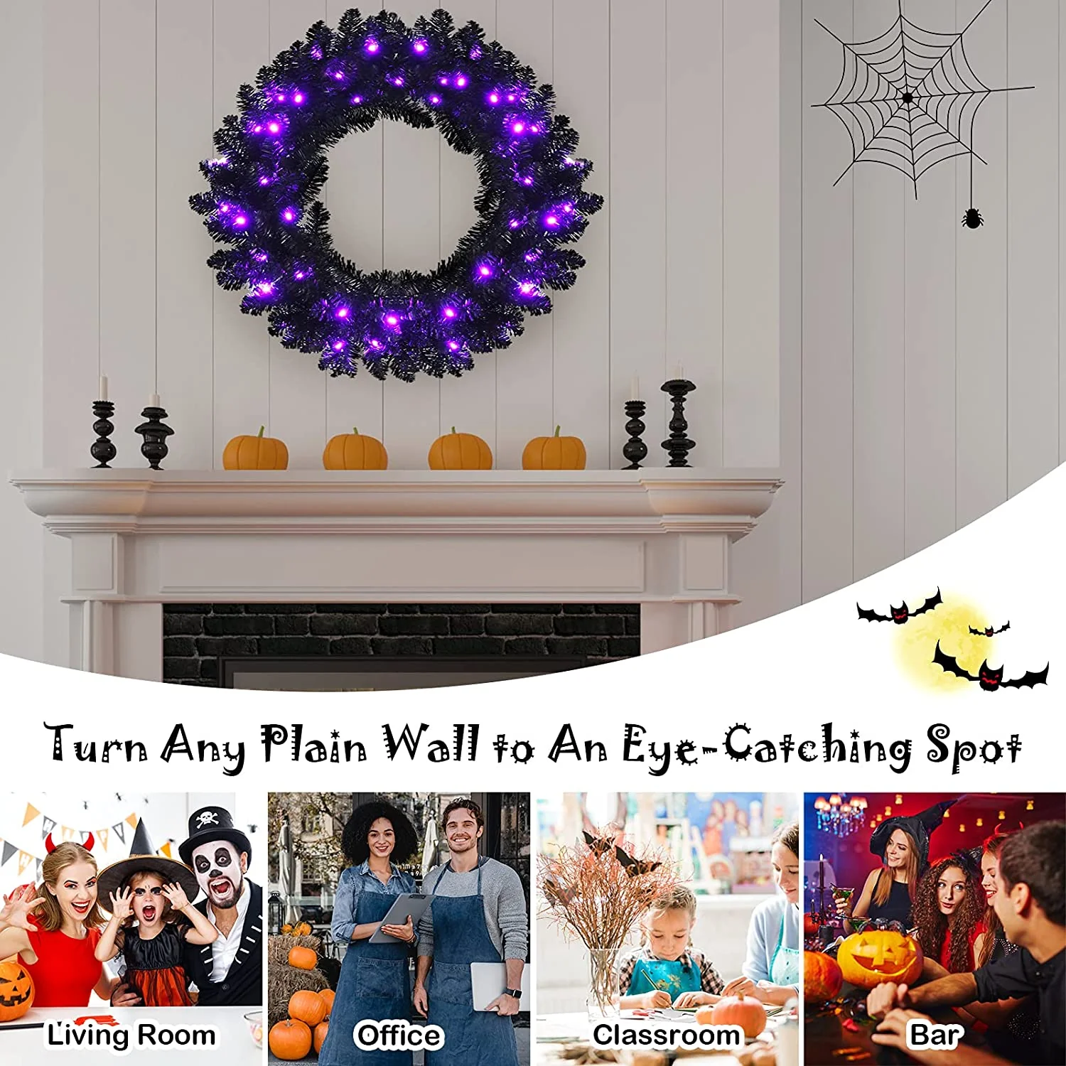 24' Black Halloween Wreath, Pre-lit Artificial Christmas Wreath - Image 4