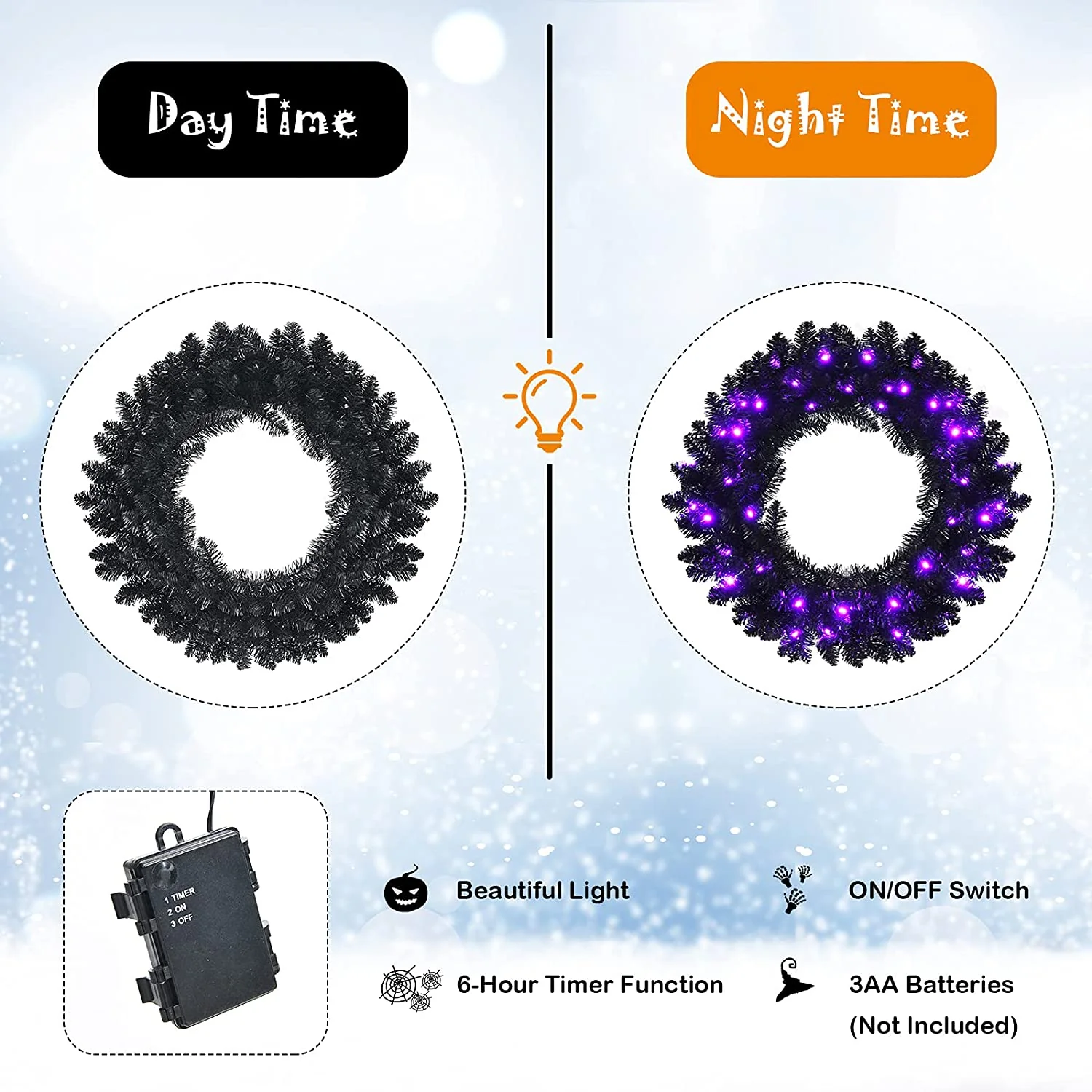 24' Black Halloween Wreath, Pre-lit Artificial Christmas Wreath - Image 5