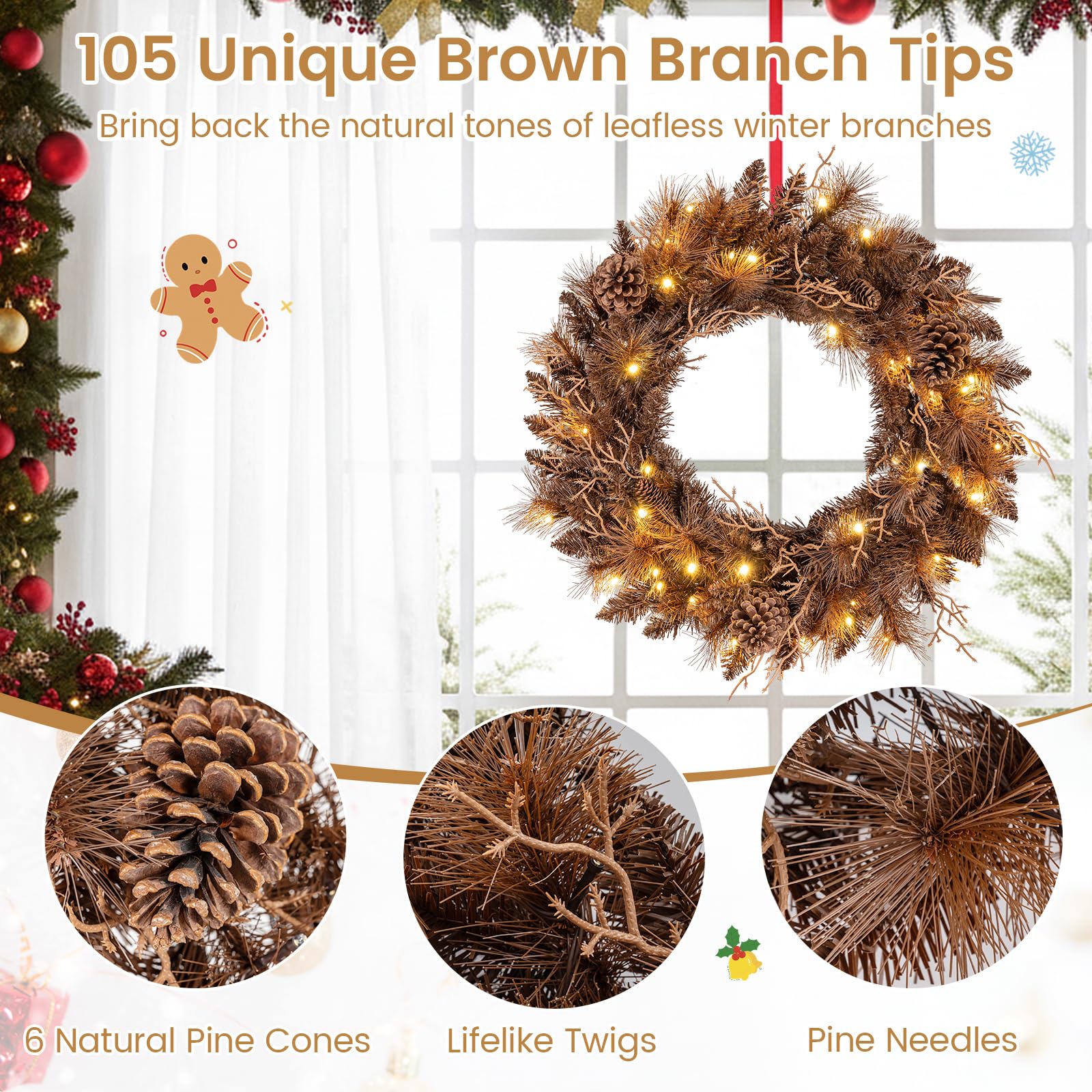 24 Inch Pre-lit Christmas Wreath with 105 Branch Tips and 35 Warm White LED Lights-1 piece - Image 5