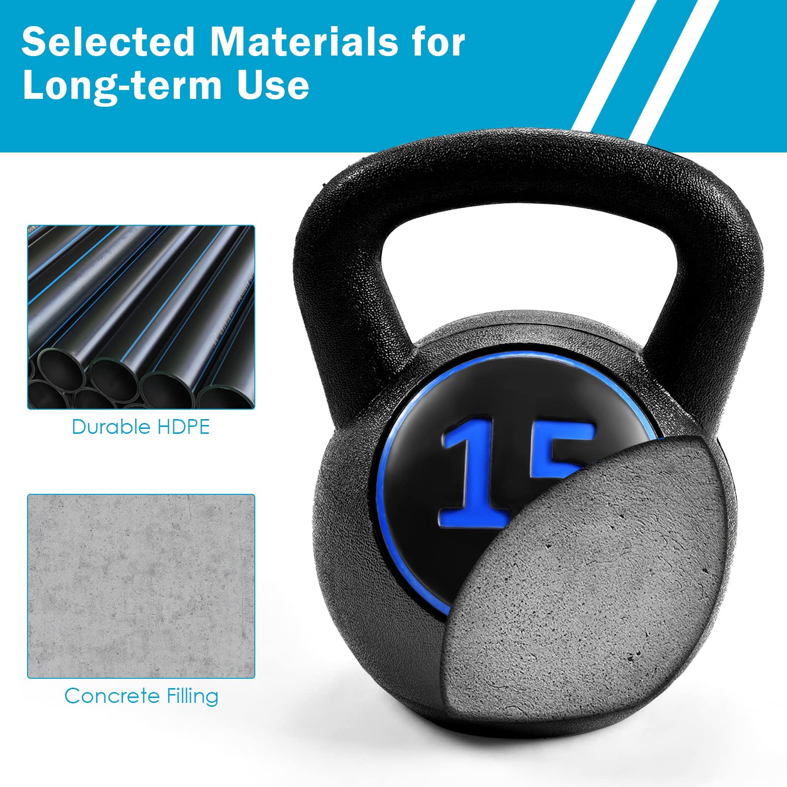 3 Pieces Kettlebell Set, 5, 10, 15 lbs HDPE Coated Concrete Fitness Kettle Bells - Image 8