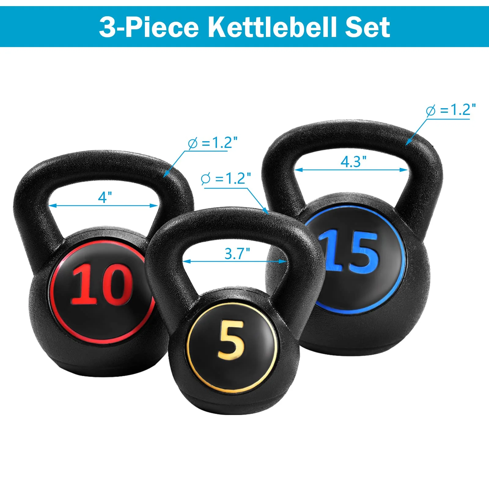 3 Pieces Kettlebell Set, 5, 10, 15 lbs HDPE Coated Concrete Fitness Kettle Bells - Image 9