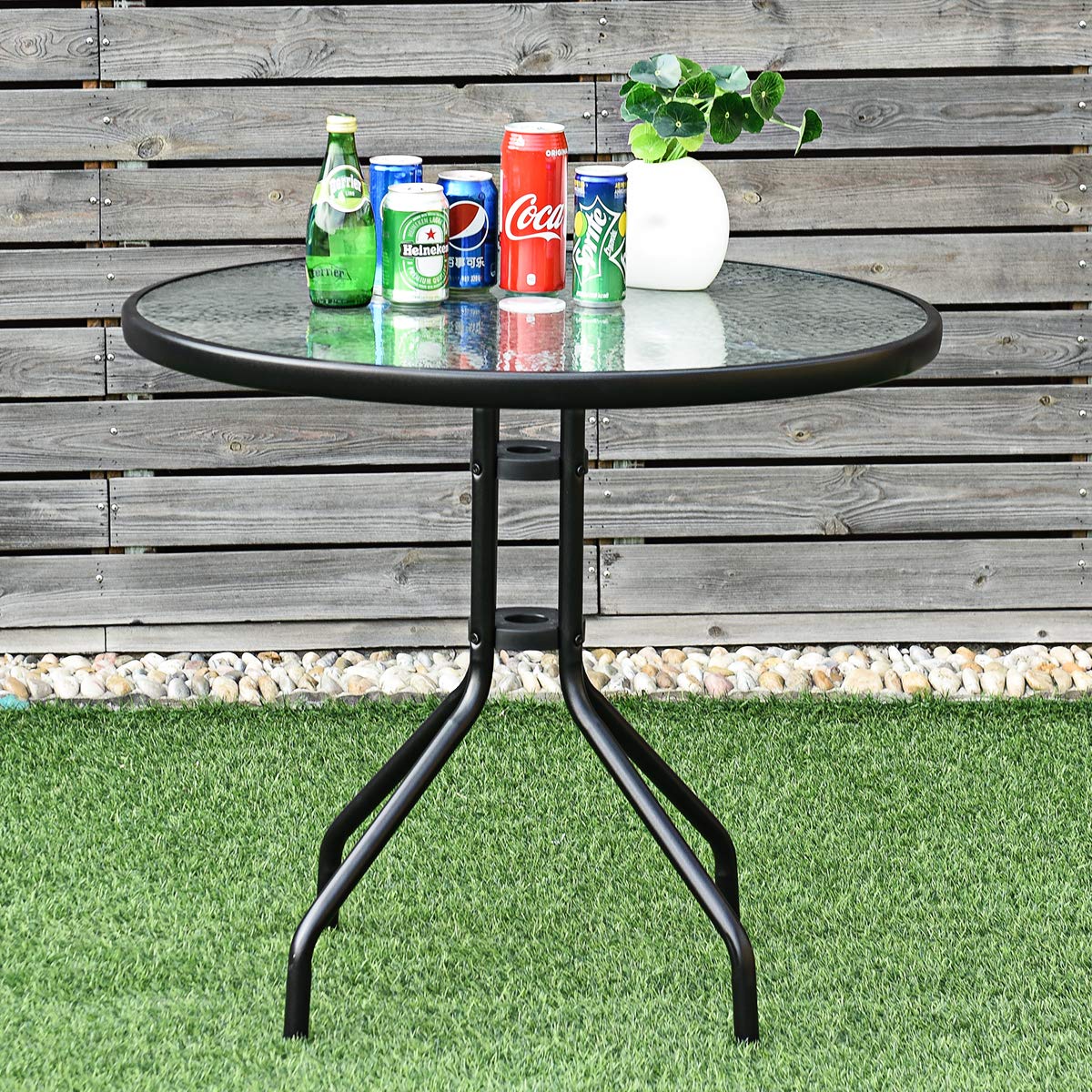 32" Outdoor Patio Table Round Shape Steel Frame Tempered Glass Top - Image 3