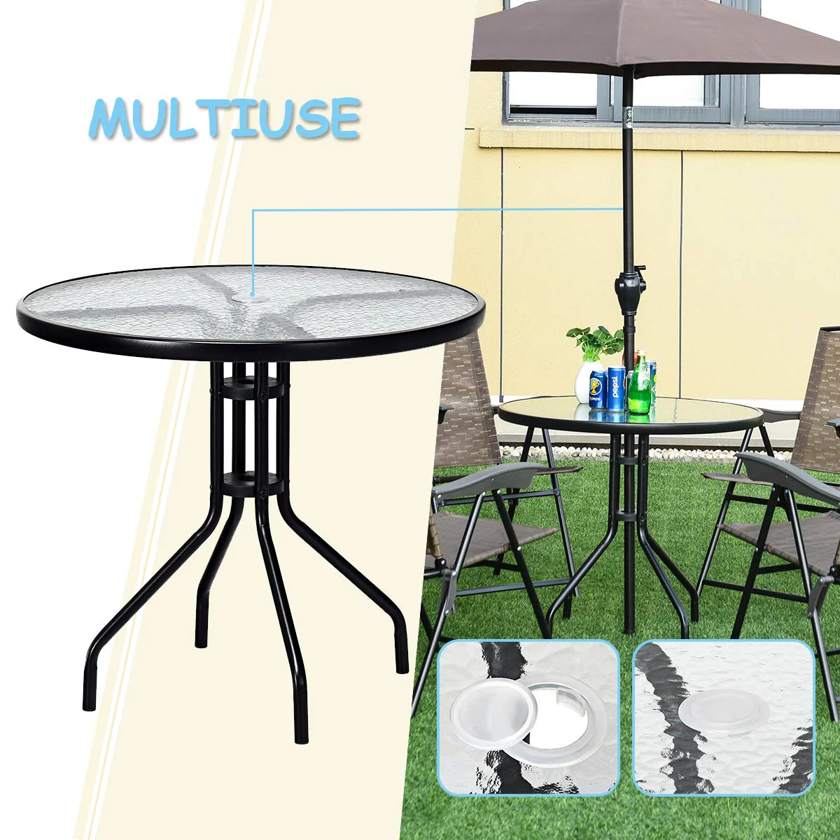 32" Outdoor Patio Table Round Shape Steel Frame Tempered Glass Top - Image 6