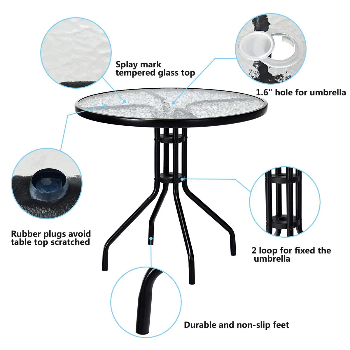 32" Outdoor Patio Table Round Shape Steel Frame Tempered Glass Top - Image 7