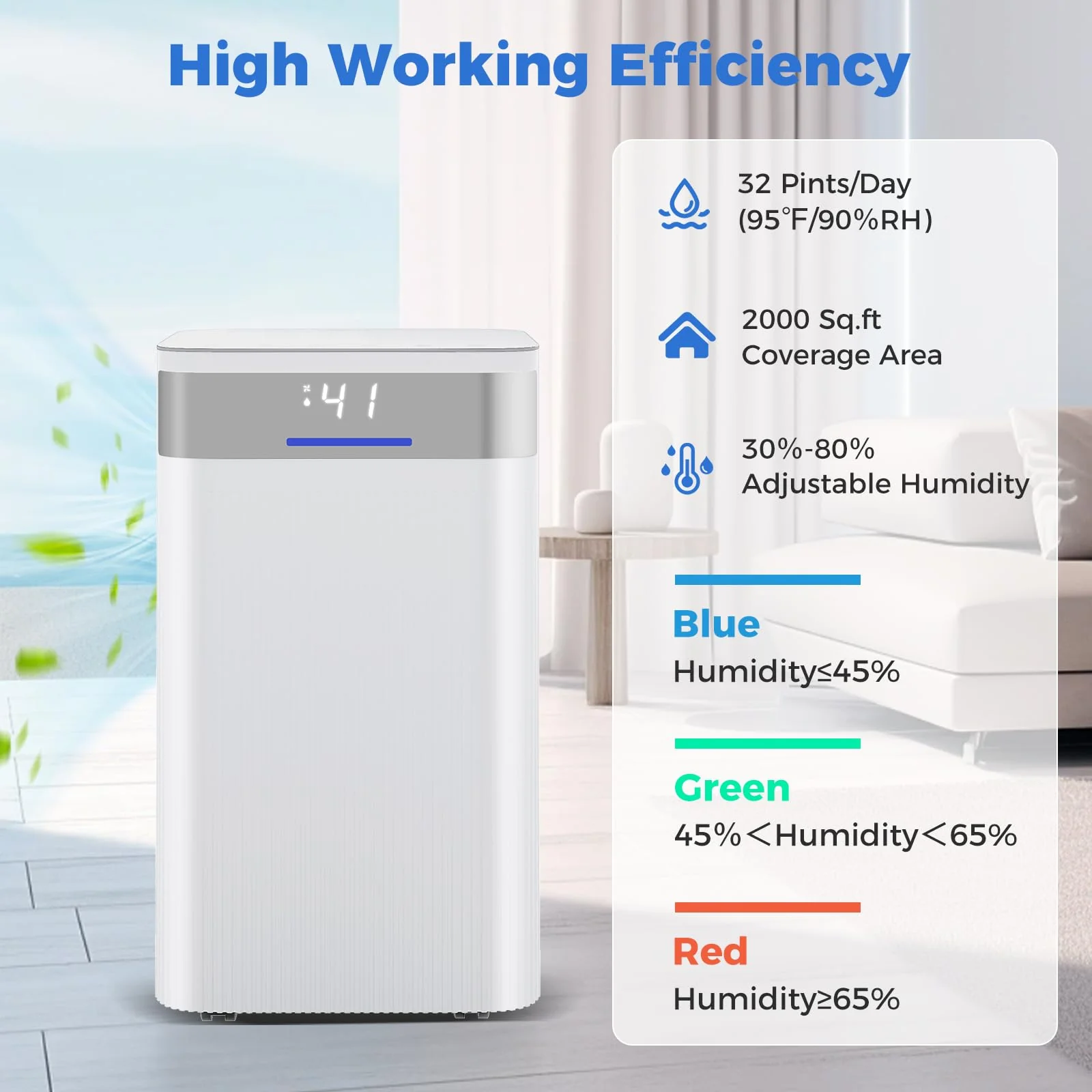 32 Pints Dehumidifier for Home, 2000 Sq.ft, Quiet Operation with 3 Modes, Drain Hose, Auto Shut Off - Image 2