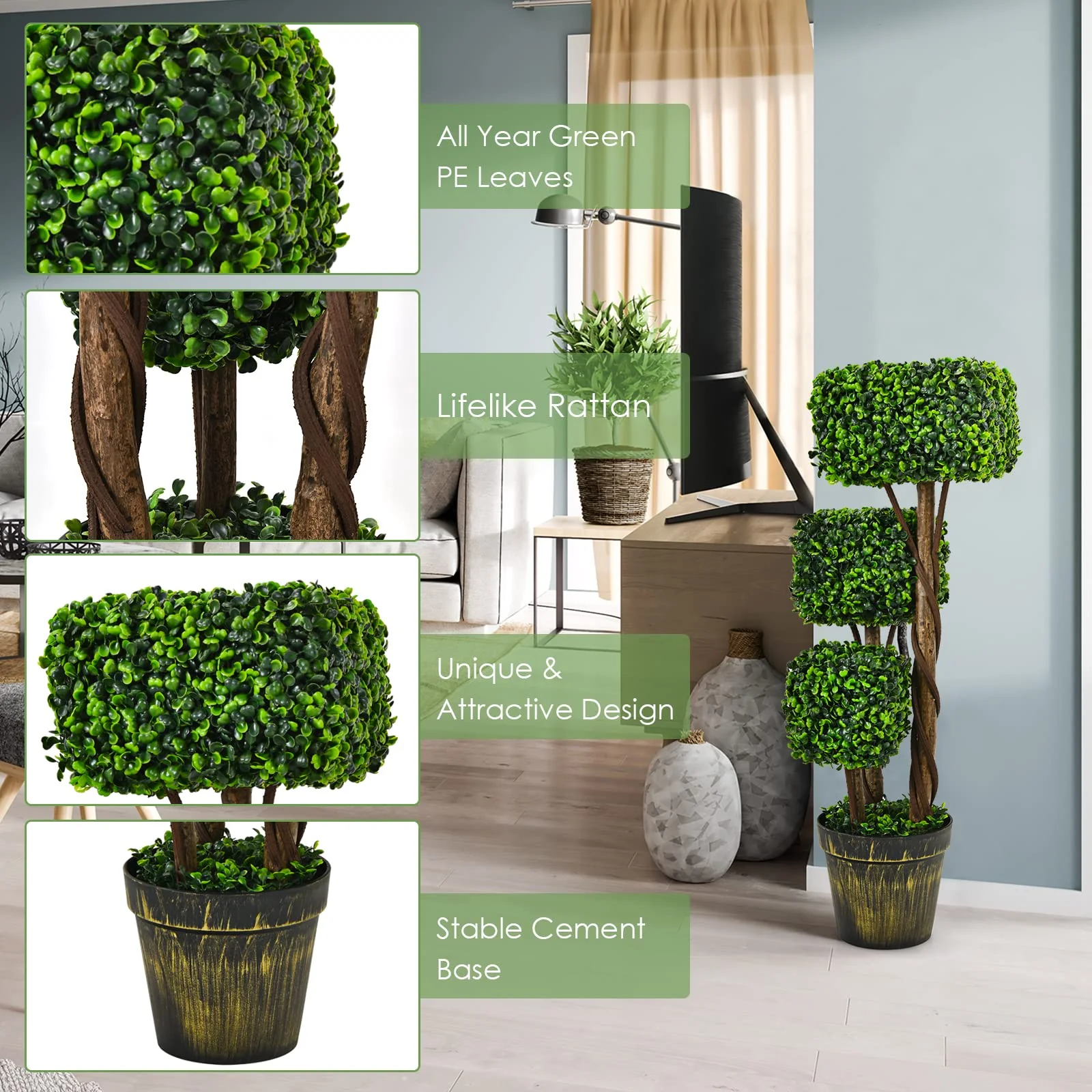 36' Artificial Triple Square Shaped Boxwood Topiary Tree W/ Cement-Filled Plastic Pot - Image 3