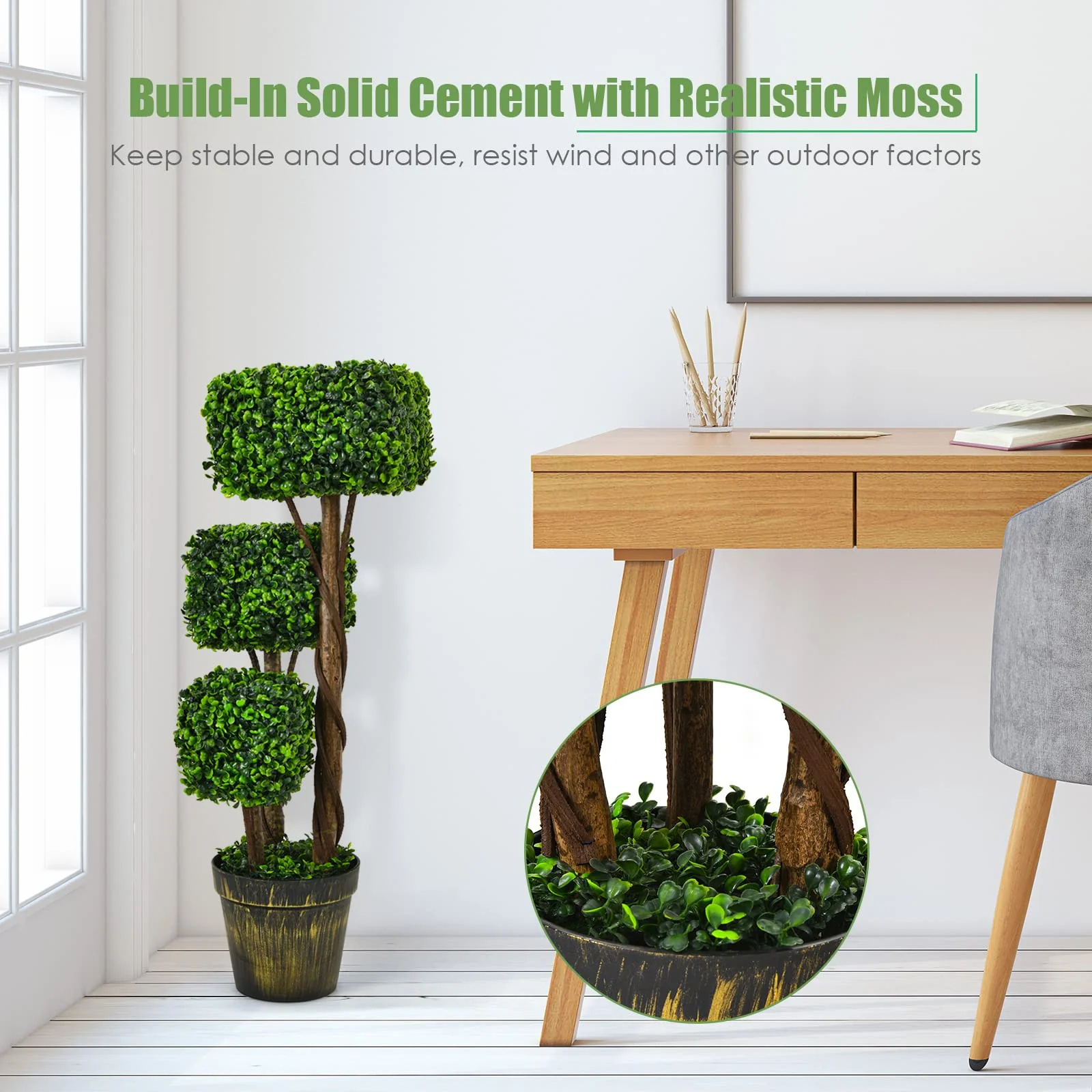 36' Artificial Triple Square Shaped Boxwood Topiary Tree W/ Cement-Filled Plastic Pot - Image 4