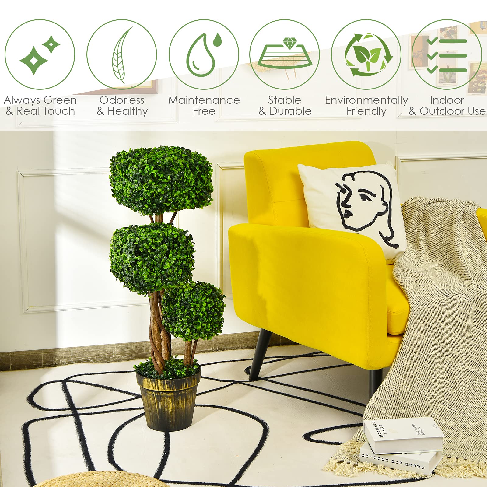 36' Artificial Triple Square Shaped Boxwood Topiary Tree W/ Cement-Filled Plastic Pot - Image 6