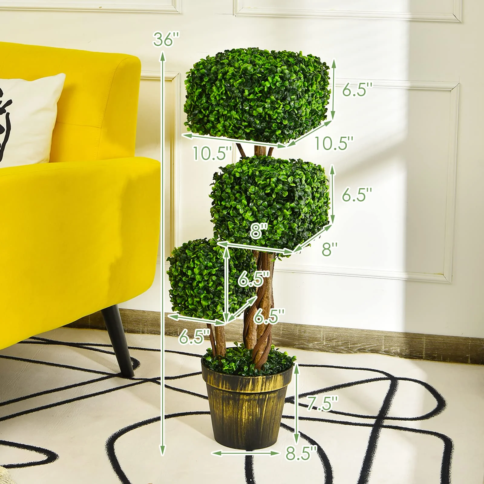 36' Artificial Triple Square Shaped Boxwood Topiary Tree W/ Cement-Filled Plastic Pot - Image 7