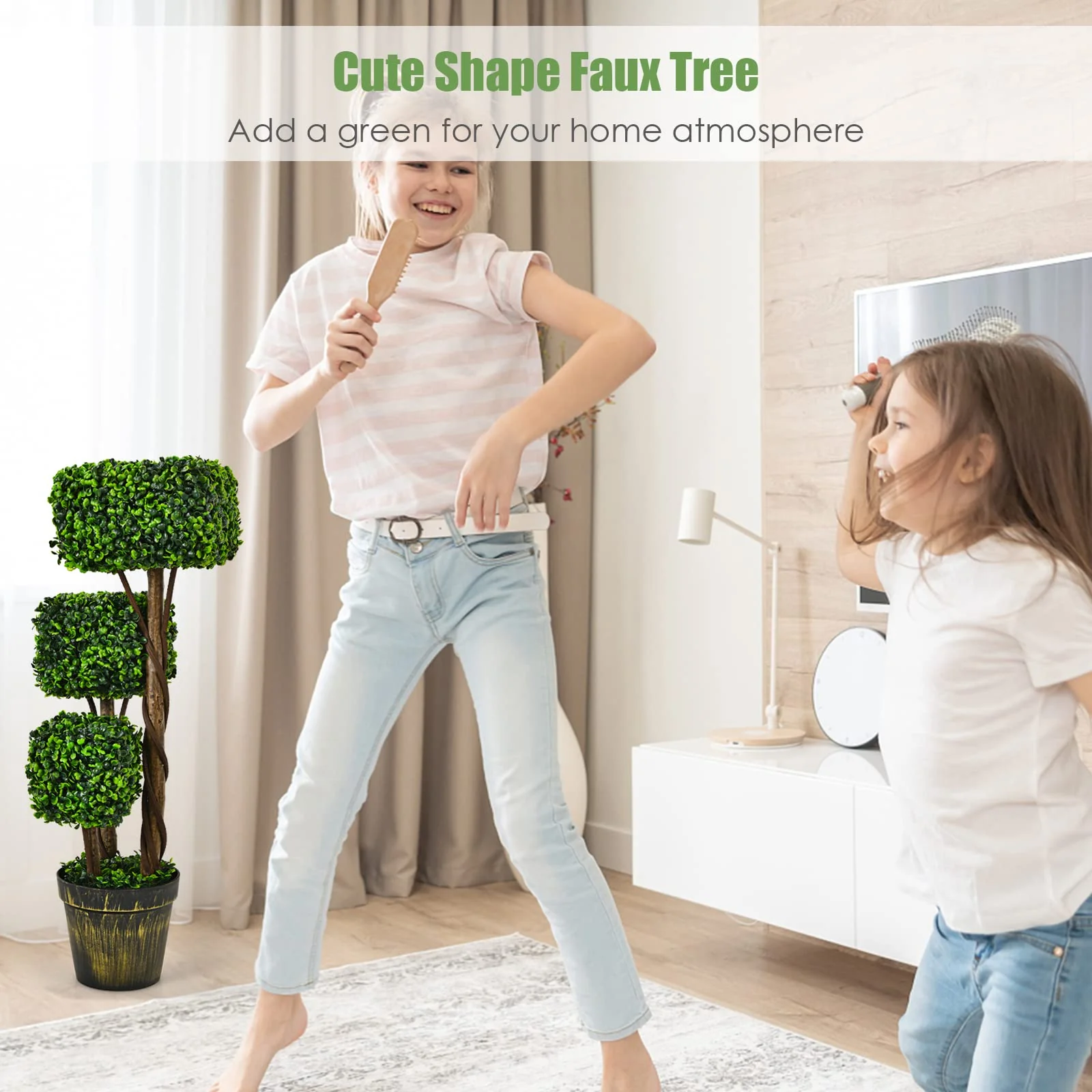 36' Artificial Triple Square Shaped Boxwood Topiary Tree W/ Cement-Filled Plastic Pot - Image 8