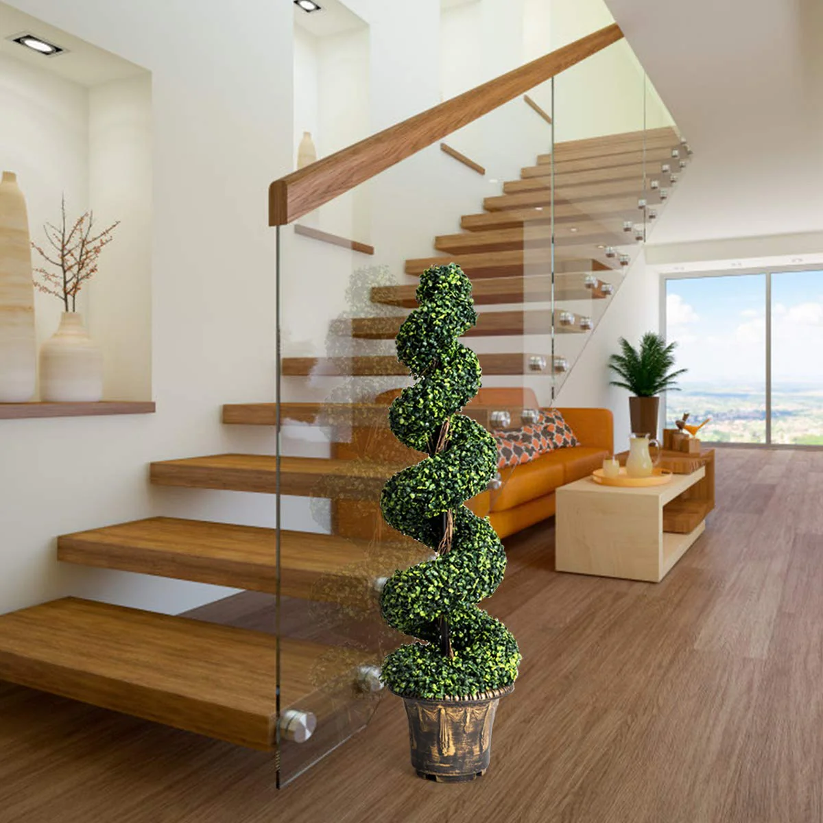 4 Ft Artificial Boxwood Spiral Tree, Fake Greenery Plants - Image 3