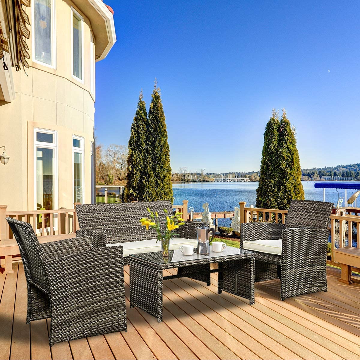 4-Piece Wicker Patio Furniture Set for Outdoor Garden Lawn Pool Backyard (Mix Gray) - Image 3