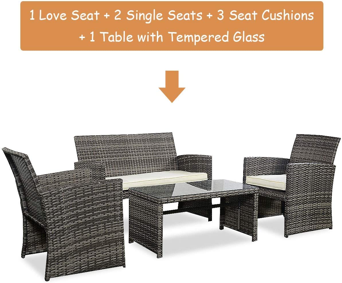 4-Piece Wicker Patio Furniture Set for Outdoor Garden Lawn Pool Backyard (Mix Gray) - Image 4
