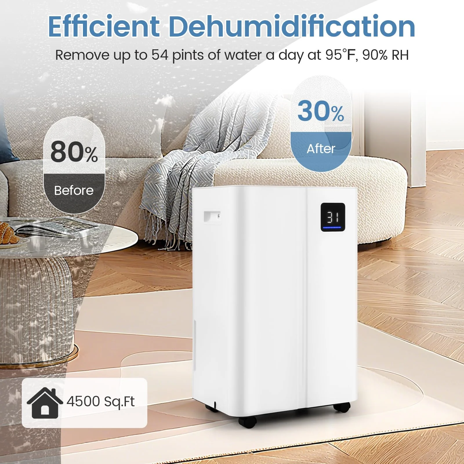 4500 Sq.Ft Dehumidifier for Basement, 54 Pints Dehumidifier with 4L Water Tank, 3 Modes, Timer - Image 2