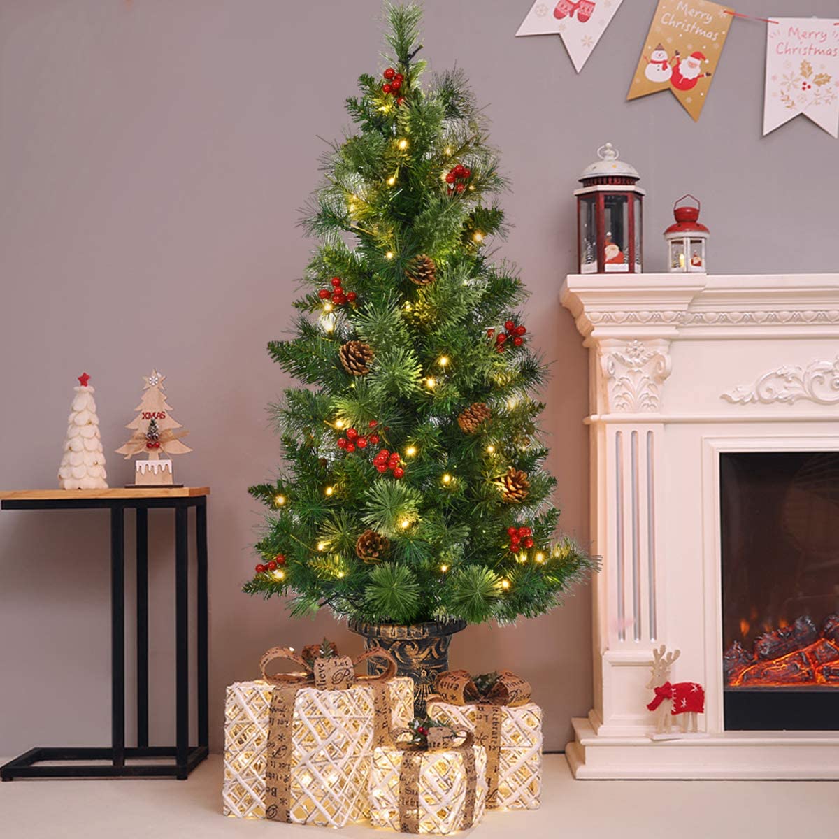5 FT Christmas Tree Pre-Lit Tabletop Artificial Entrance Tree with 100 Led Lights - Image 2