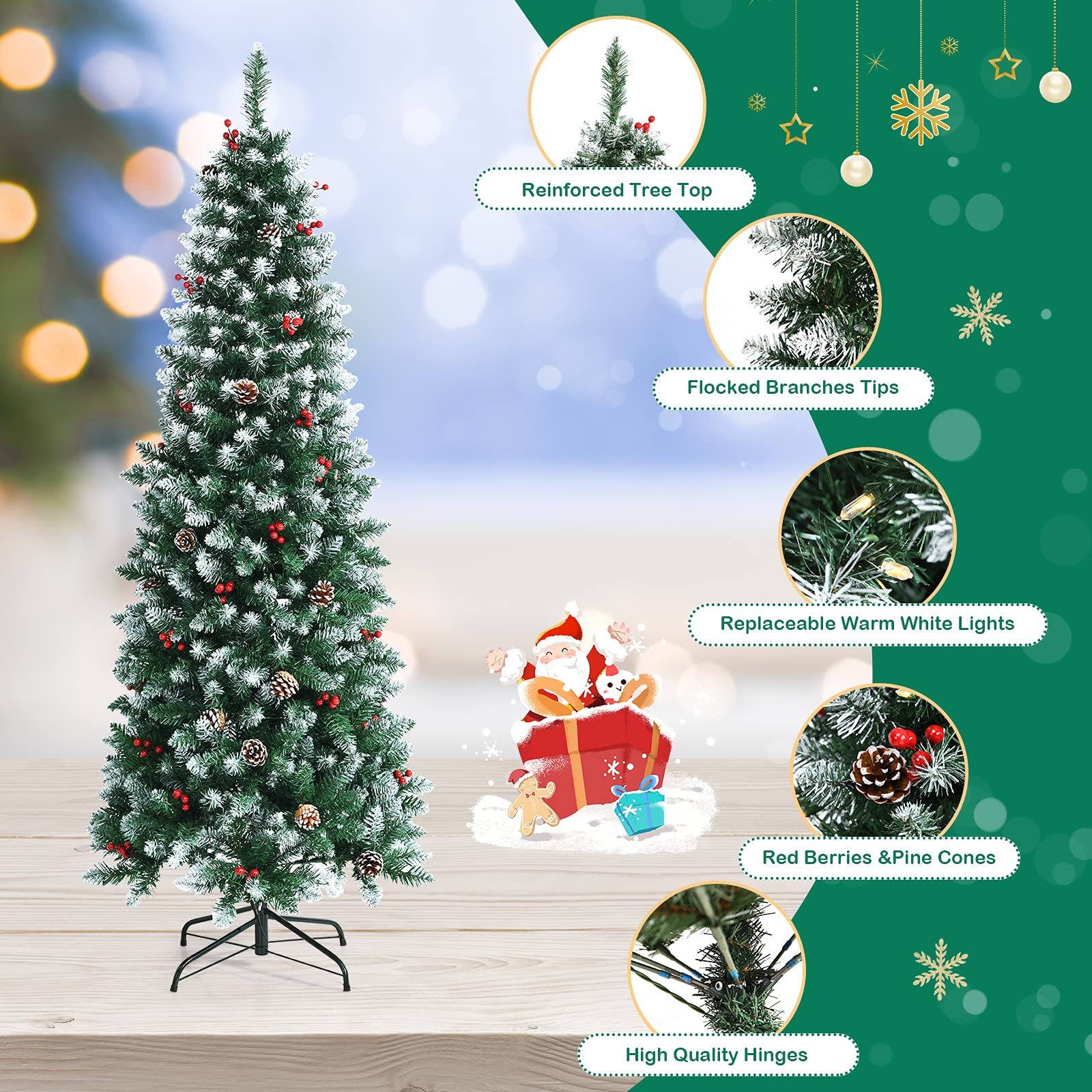 5ft Pre-lit Pencil Christmas Tree, Snow Flocked Artificial Hinged Xmas Tree - Image 6