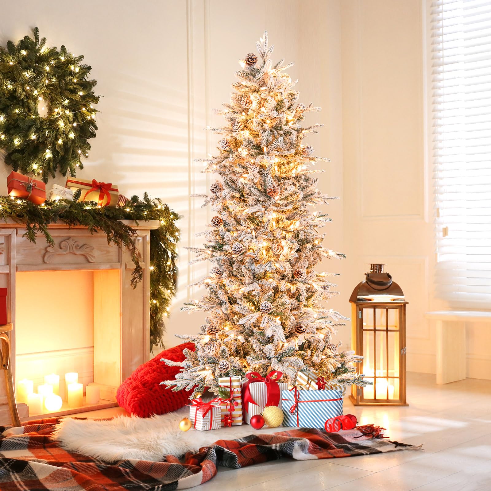 6ft Pre-Lit Snow Flocked Christmas Tree Artificial Hinged Xmas Tree with 210 Warm-White Incandescent Lights - Image 2