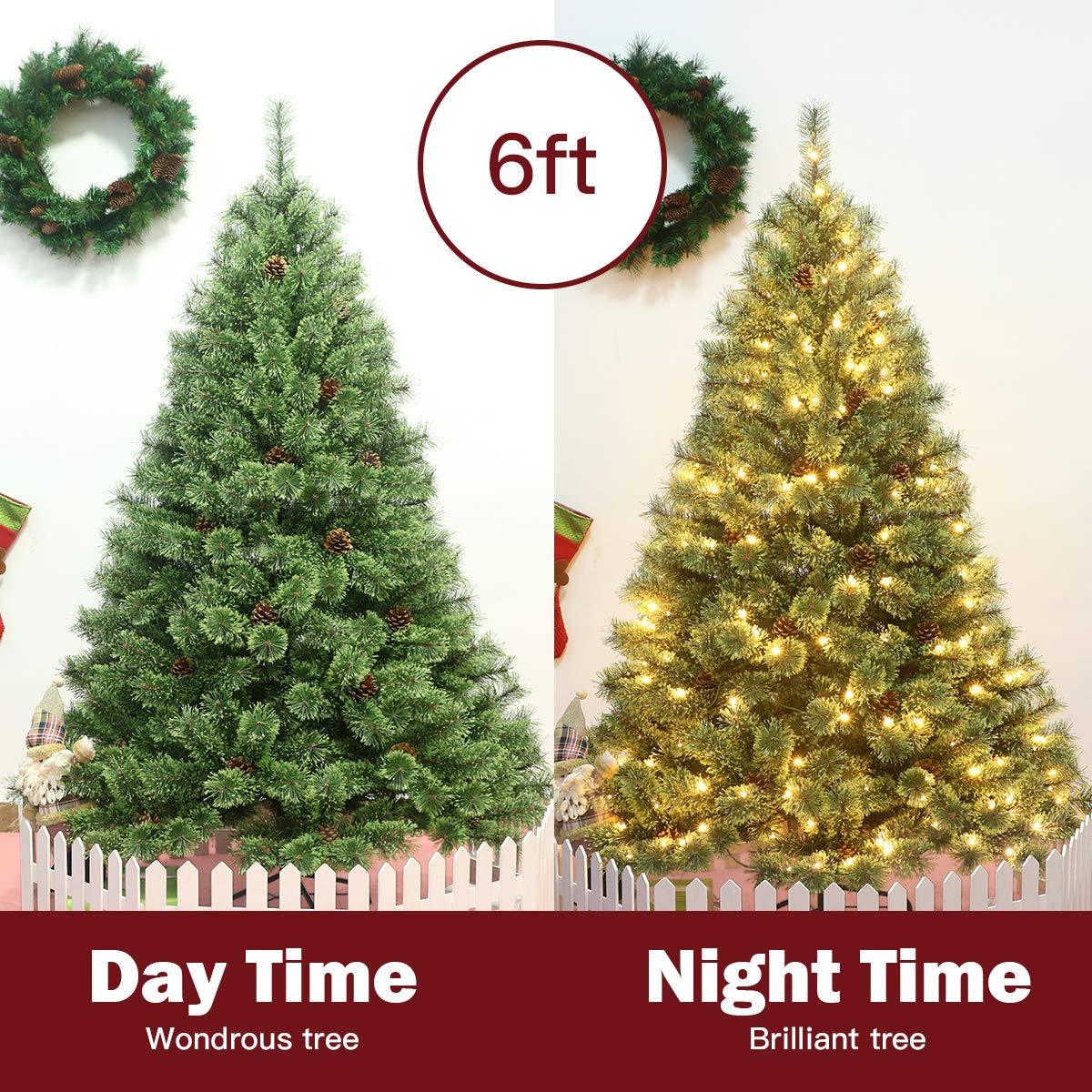 6FT Prelit Christmas Tree, Flowering Hinged Christmas Tree - Image 4