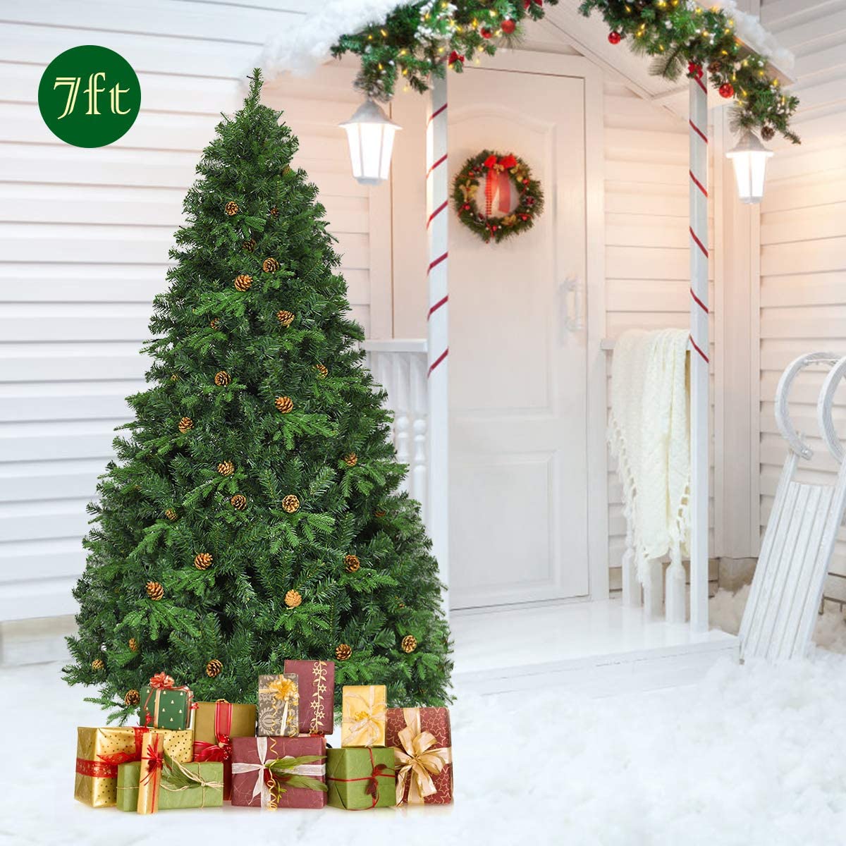 7ft Pre-Lit Artificial Christmas Tree, Premium Spruce Hinged Tree with 460 LED Lights - Image 3