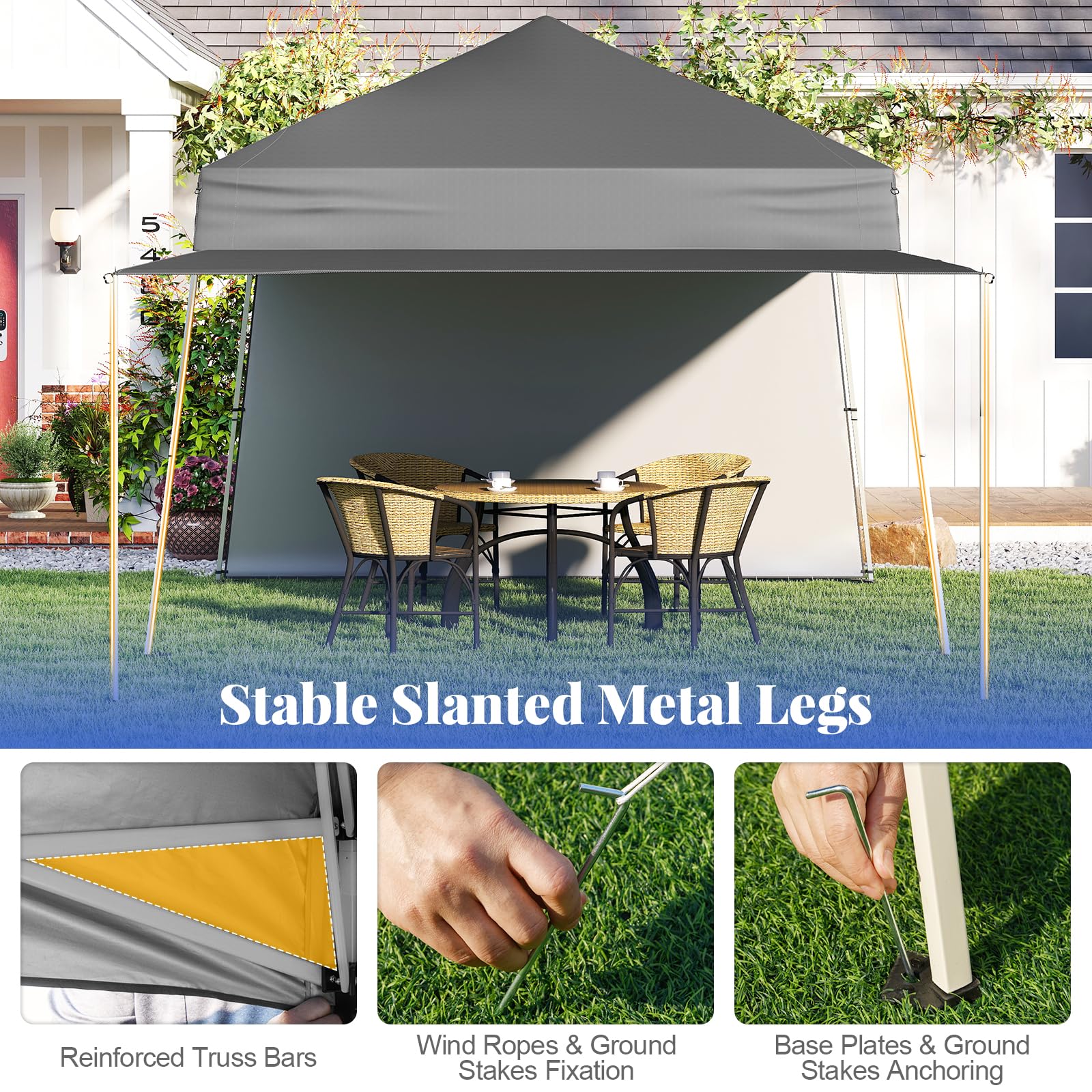 Goplus 9.2x14 FT Pop Up Canopy with 2 Sidewalls Easy Up Outdoor UPF50+ Patio Canopy w/Adjustable Slant Legs - Image 5