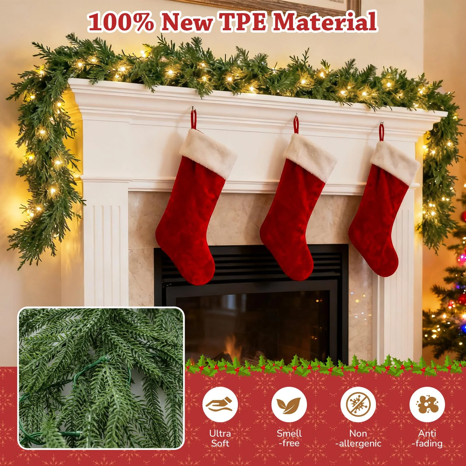 9 FT Pre-lit Artificial Cypress Christmas Garland with 50 Warm White LED Lights and 130 Branch Tips - Image 3