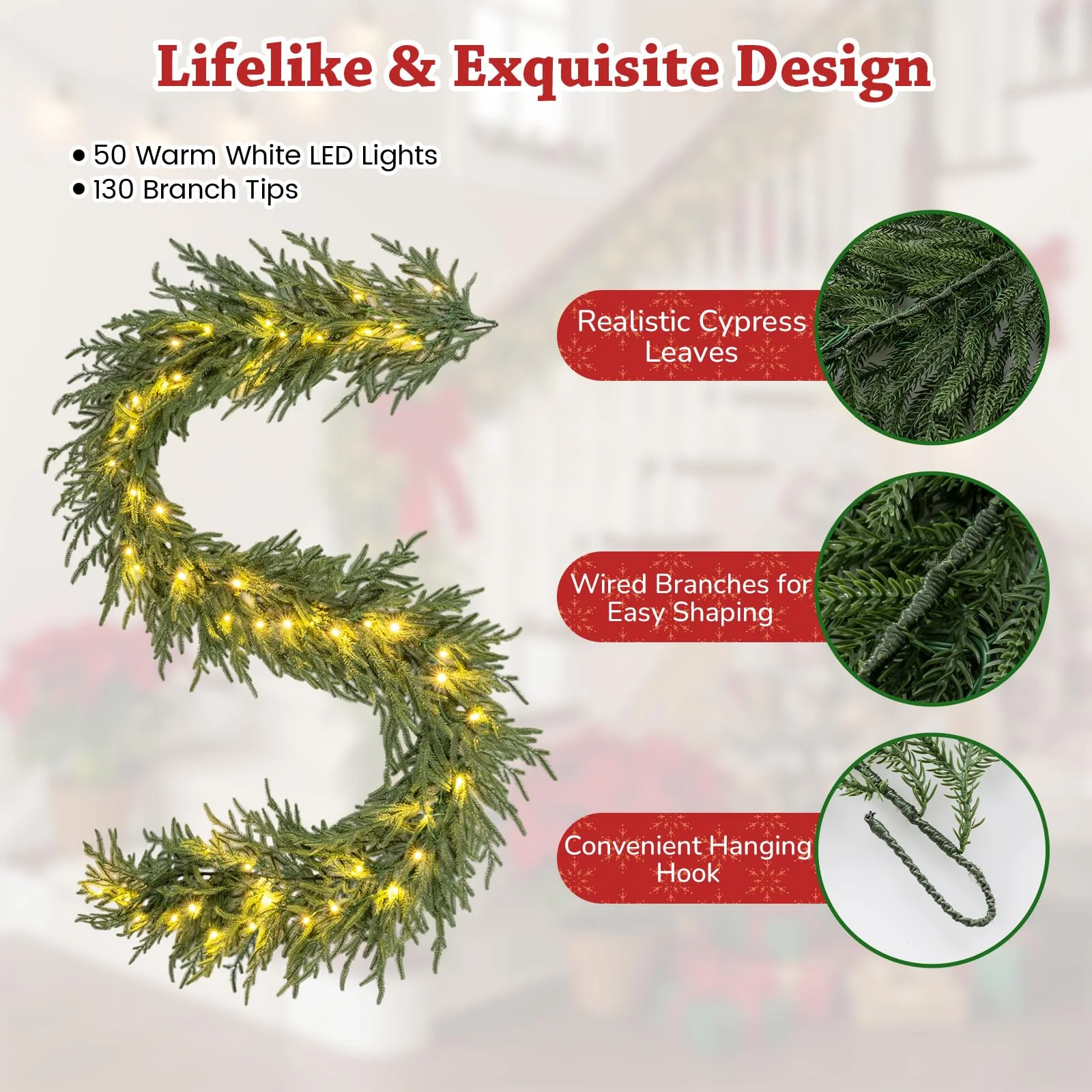 9 FT Pre-lit Artificial Cypress Christmas Garland with 50 Warm White LED Lights and 130 Branch Tips - Image 5