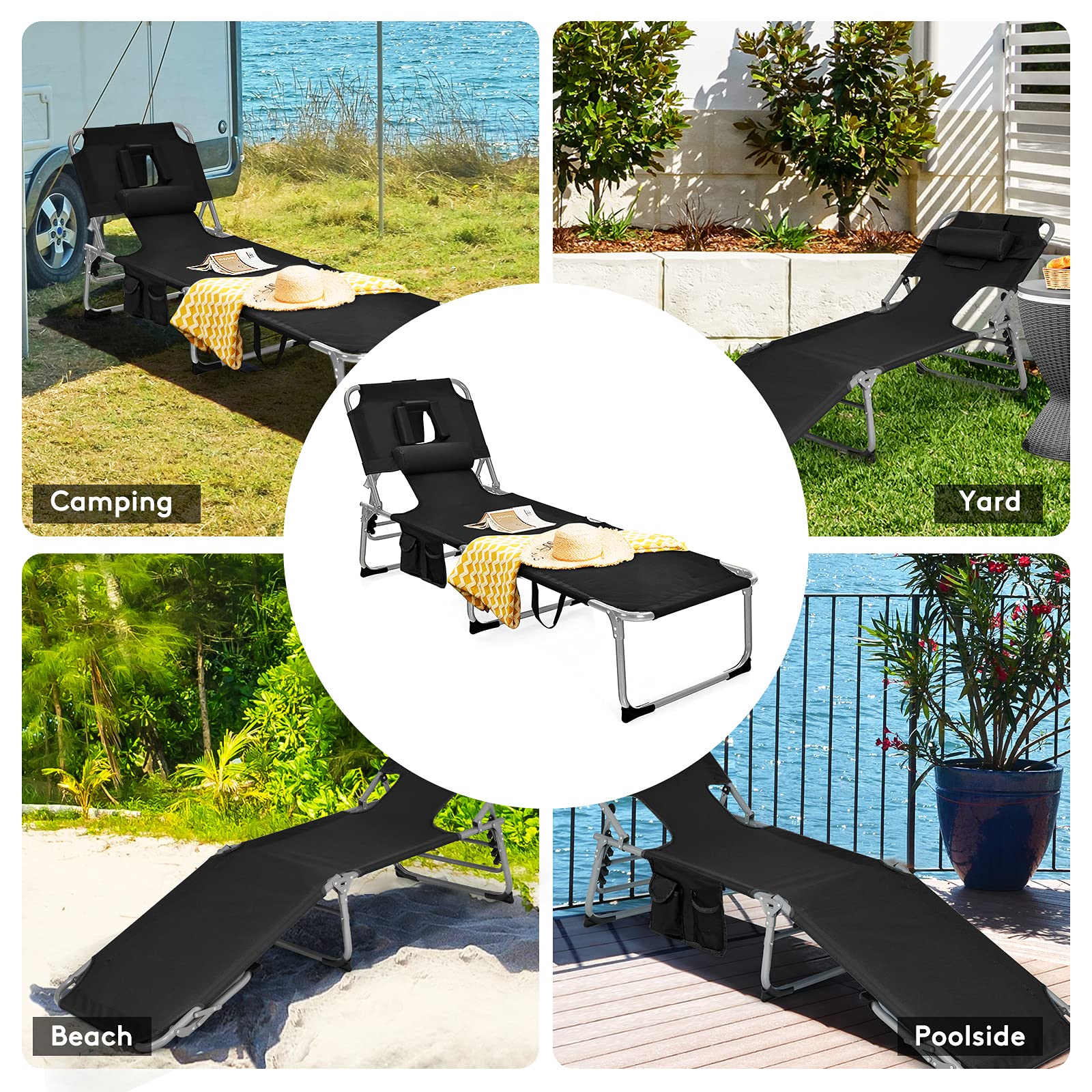 Beach Chaise Lounge with Face Hole, Folding Recliner  Black/Gray/Sky Blue/Navy - Image 16