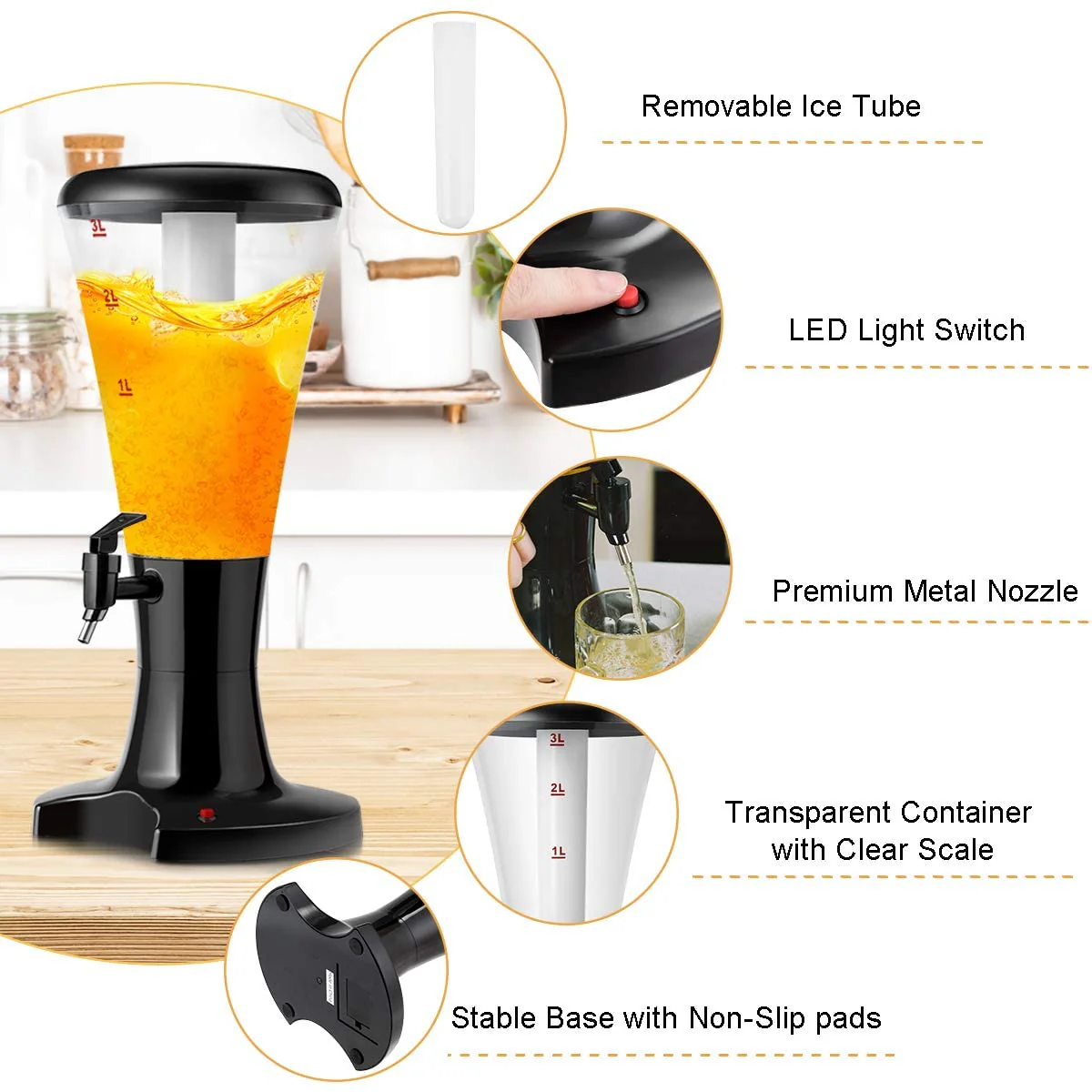 Beer Tower Dispenser 3L Cold Draft Beer Tower Beverage Dispenser with LED Lights & Removable Ice Tube - Image 5