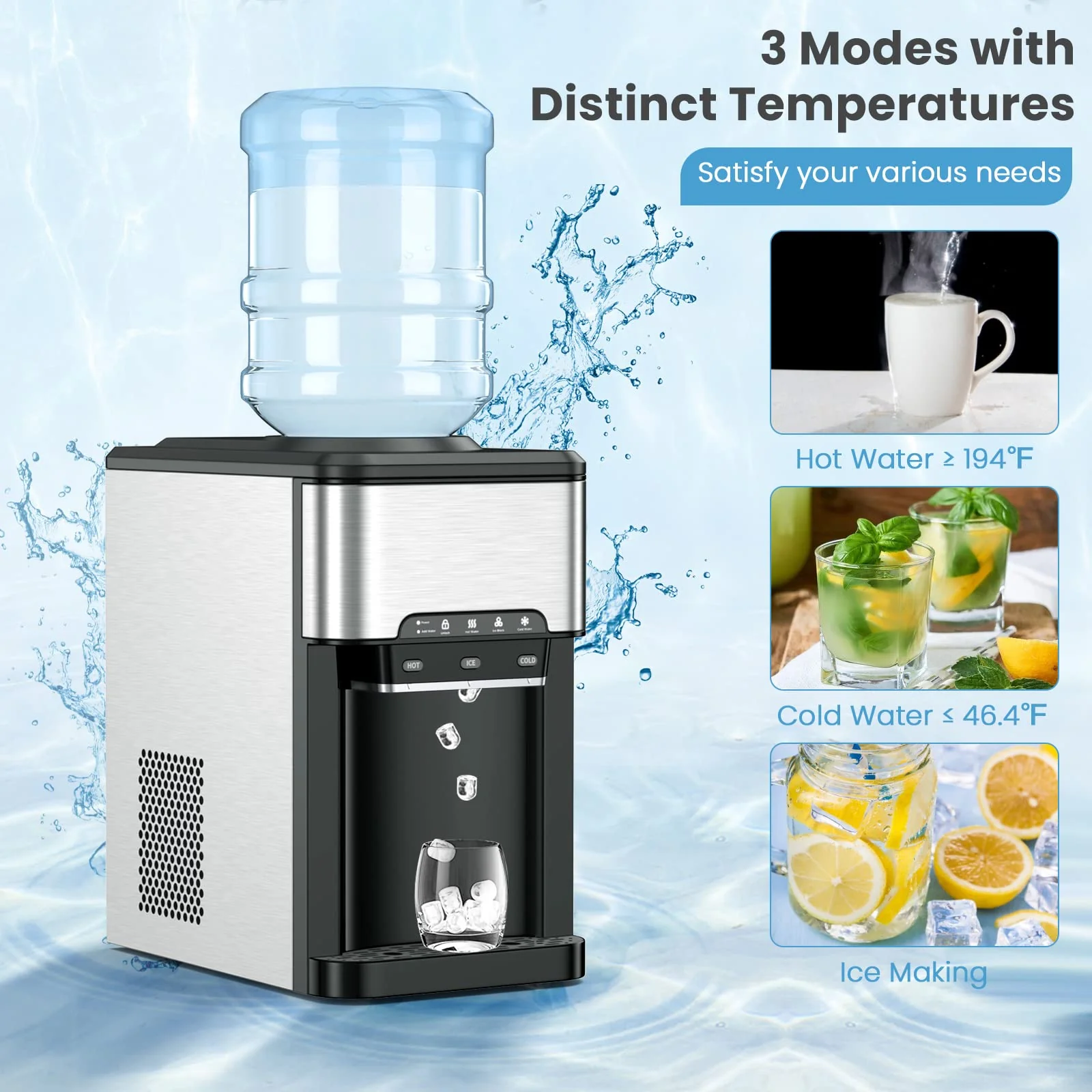 Countertop Water Cooler Dispenser with Ice Maker, 3 in 1 Top-Loading Hot & Cold Water Dispenser 5 Gallon - Image 2