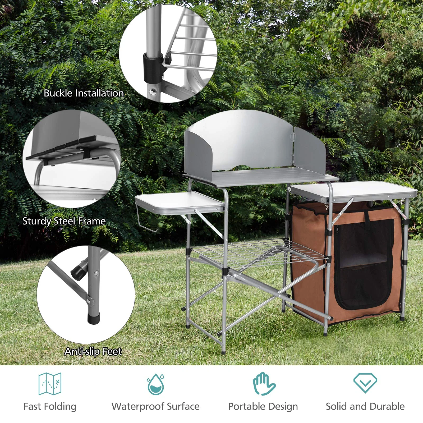 Folding Grill Table with Storage, Aluminum Outdoor Camping Kitchen Table with 26'' Tabletop - Image 3