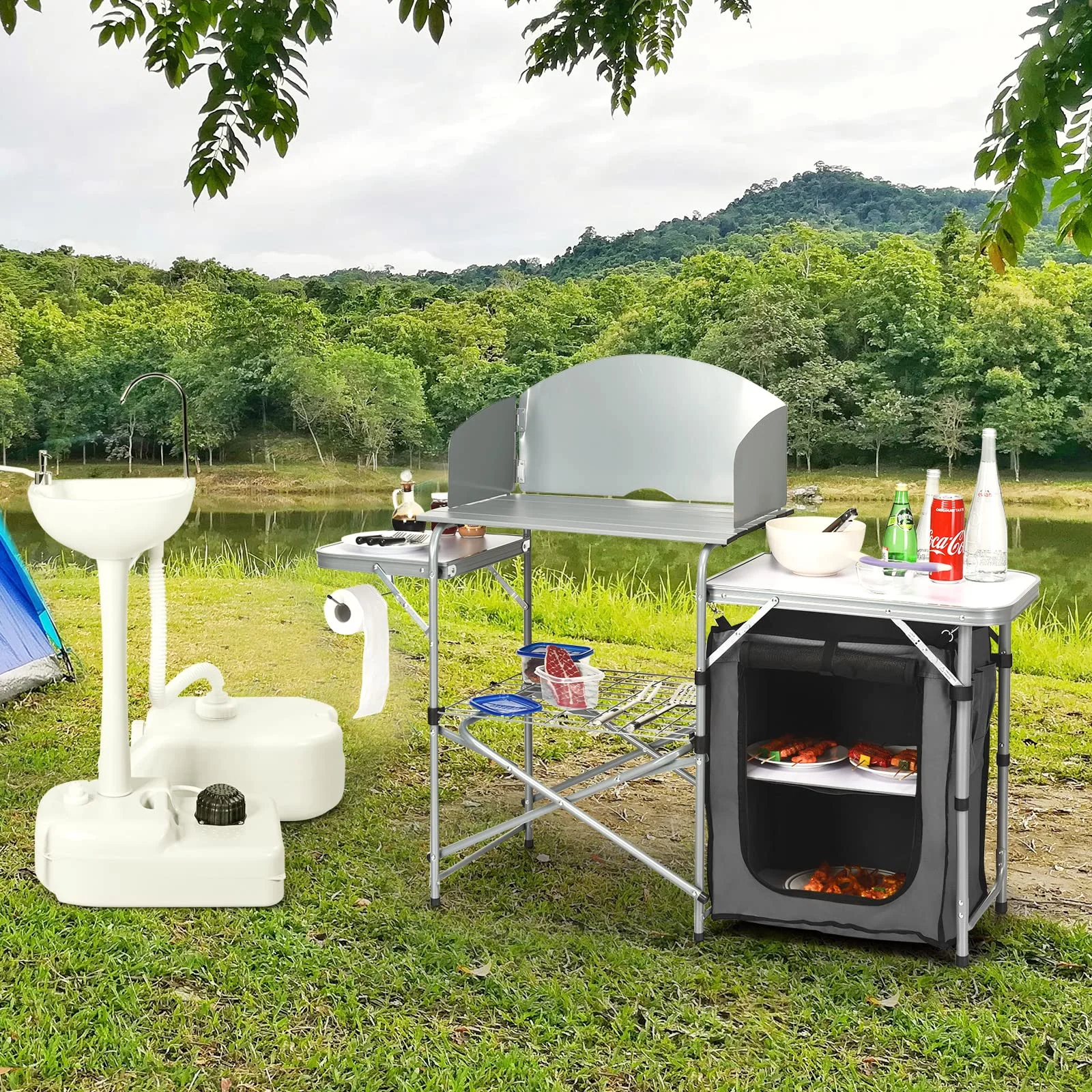 Folding Grill Table with Storage, Aluminum Outdoor Camping Kitchen Table with 26'' Tabletop - Image 9