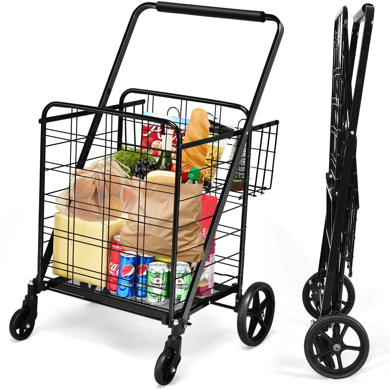 Folding Shopping Cart, Jumbo Double Basket Utility Grocery Cart 330lbs Capacity with 360 degree Rolling Swivel Wheels